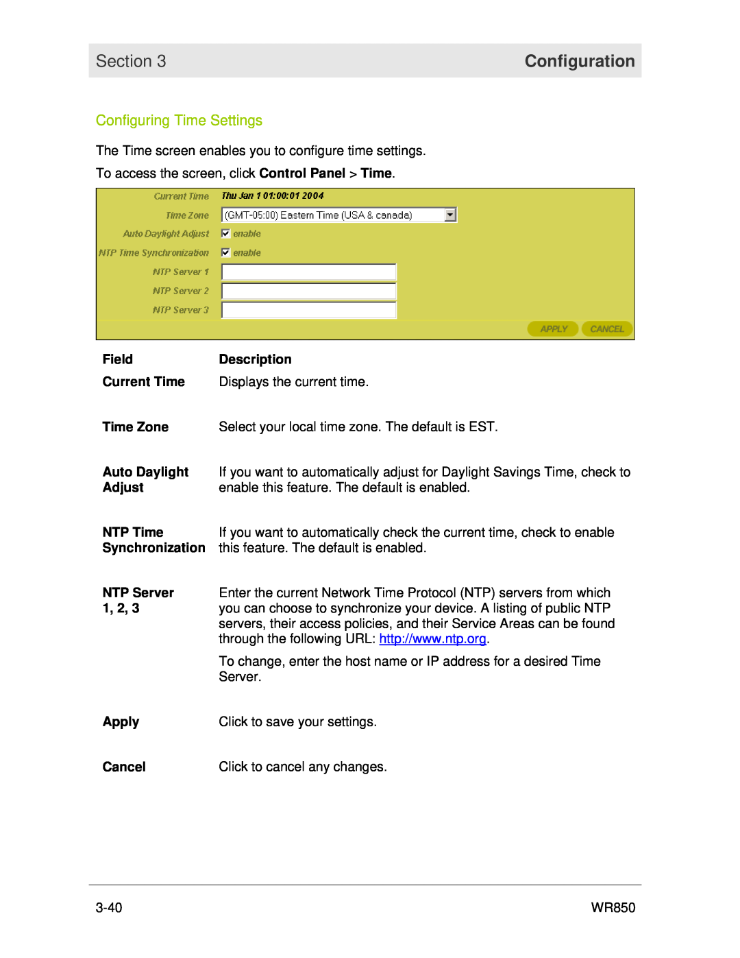 Motorola WR850 manual Configuring Time Settings, Section, Configuration 