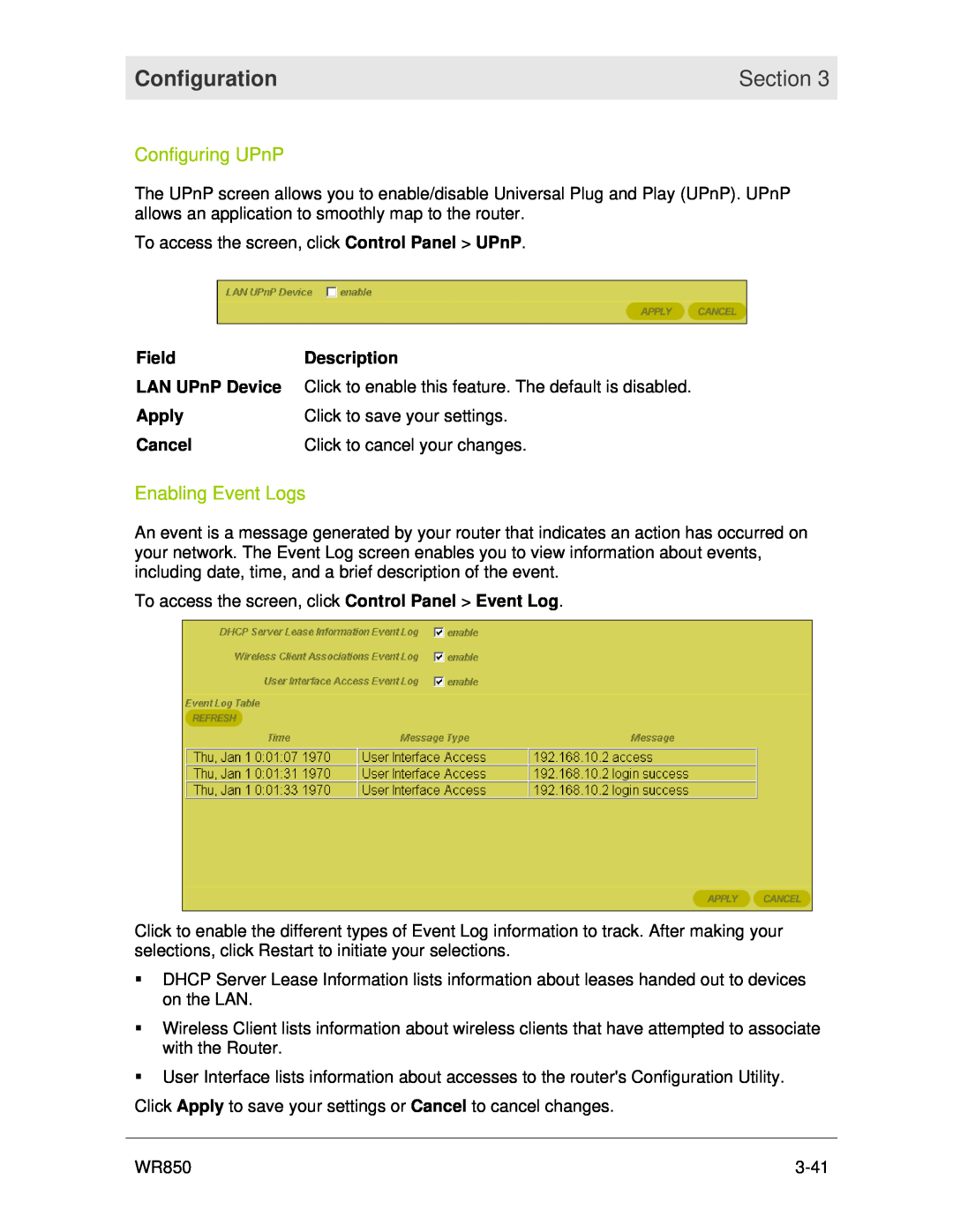 Motorola WR850 manual Configuring UPnP, Enabling Event Logs, Configuration, Section 