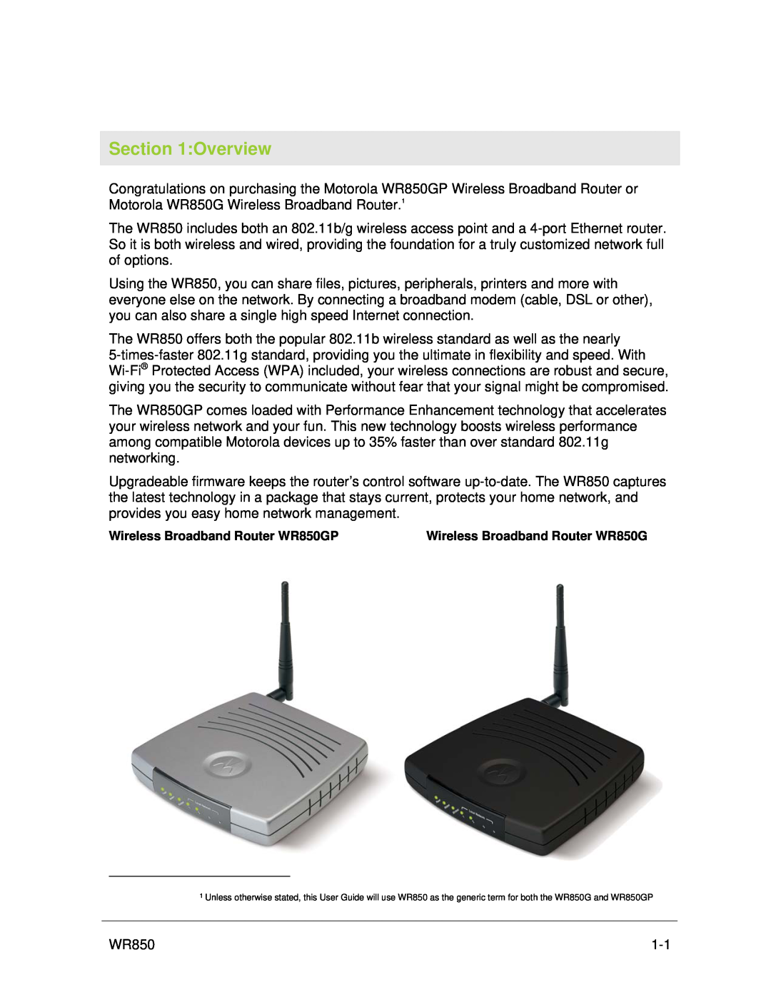 Motorola manual Overview, Wireless Broadband Router WR850GP 