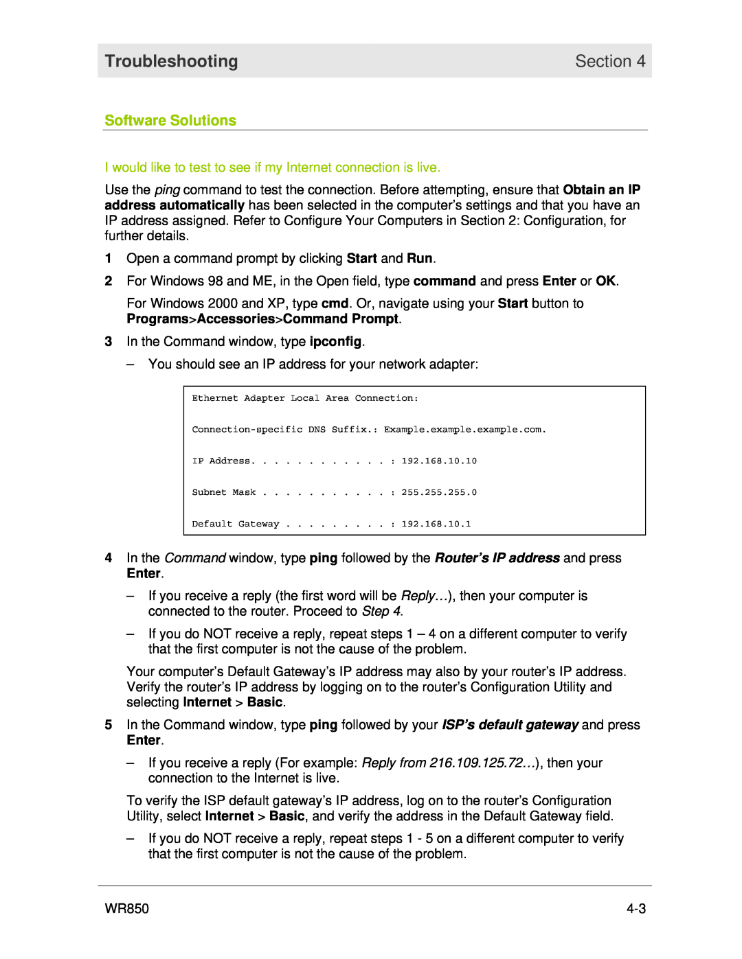 Motorola WR850 Troubleshooting, Software Solutions, I would like to test to see if my Internet connection is live, Section 