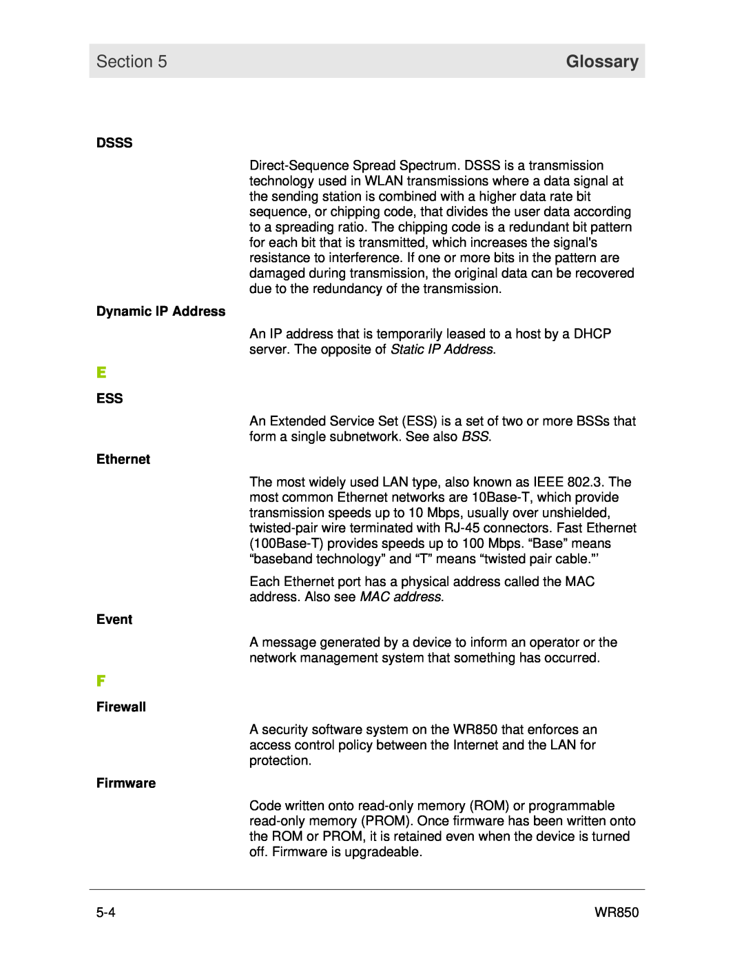 Motorola WR850 manual Section, Glossary, Dsss, Dynamic IP Address, Ethernet, Event, Firewall, Firmware 