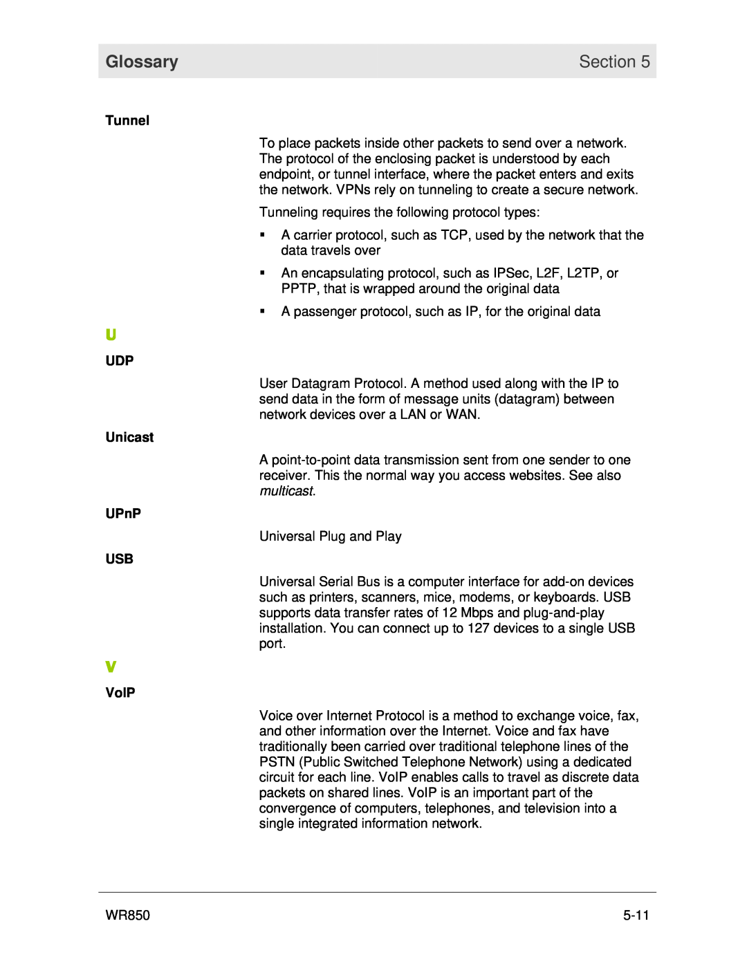 Motorola WR850 manual Glossary, Section, Tunnel, Unicast, UPnP, VoIP 