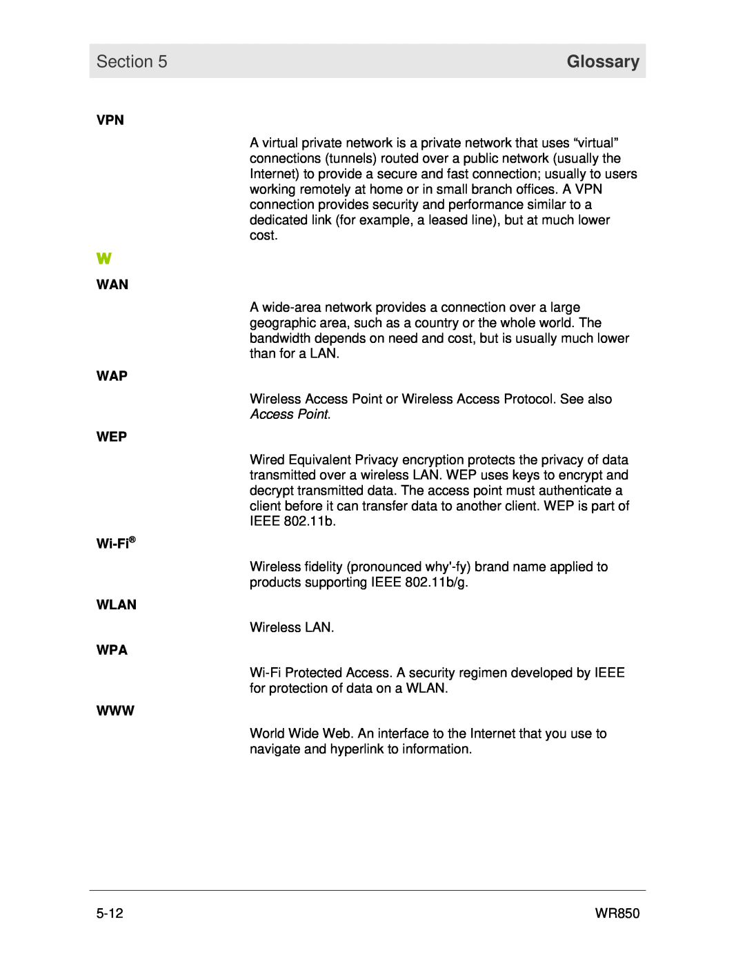 Motorola WR850 manual Access Point, Section, Glossary 