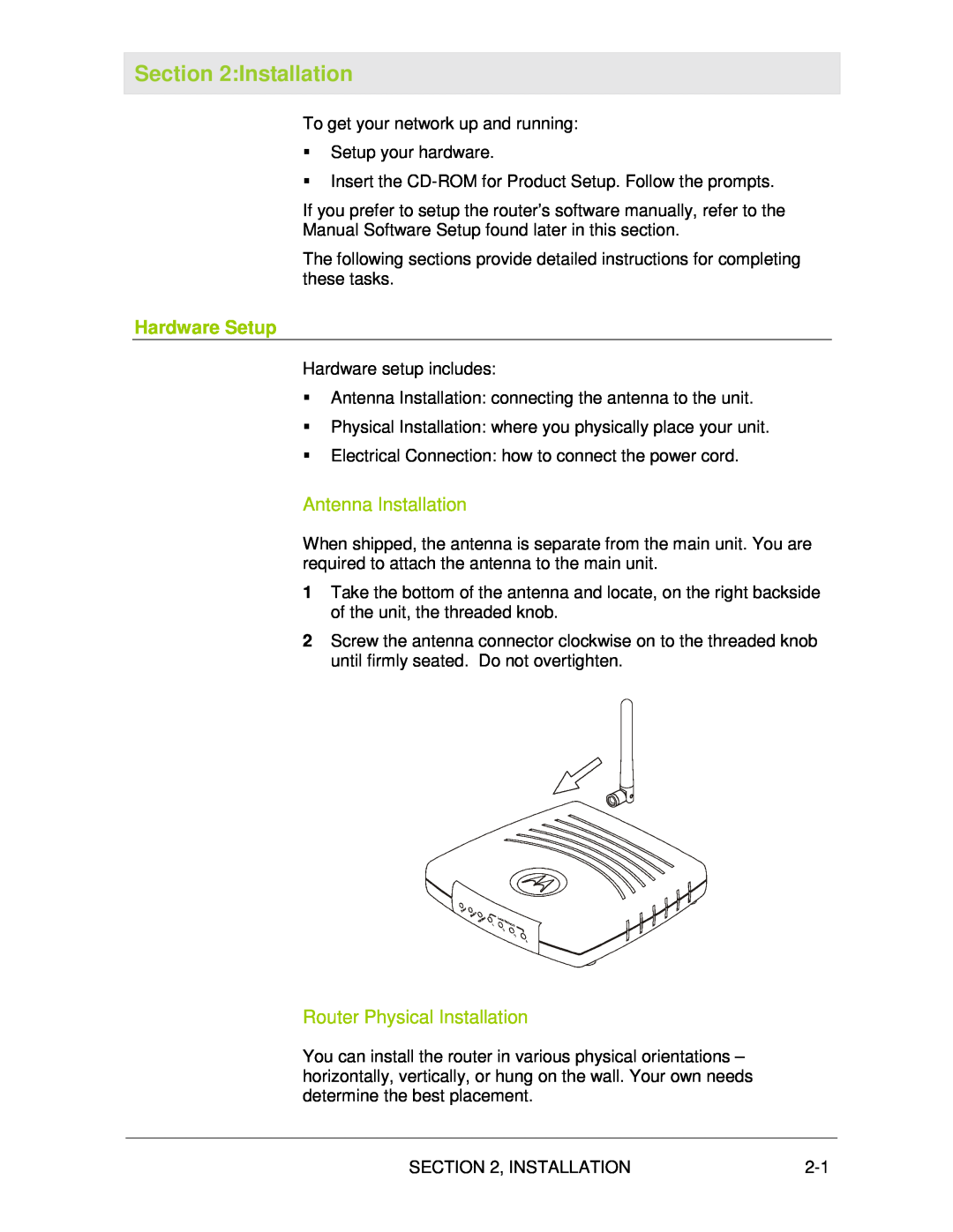 Motorola WR850G manual Hardware Setup, Antenna Installation, Router Physical Installation 