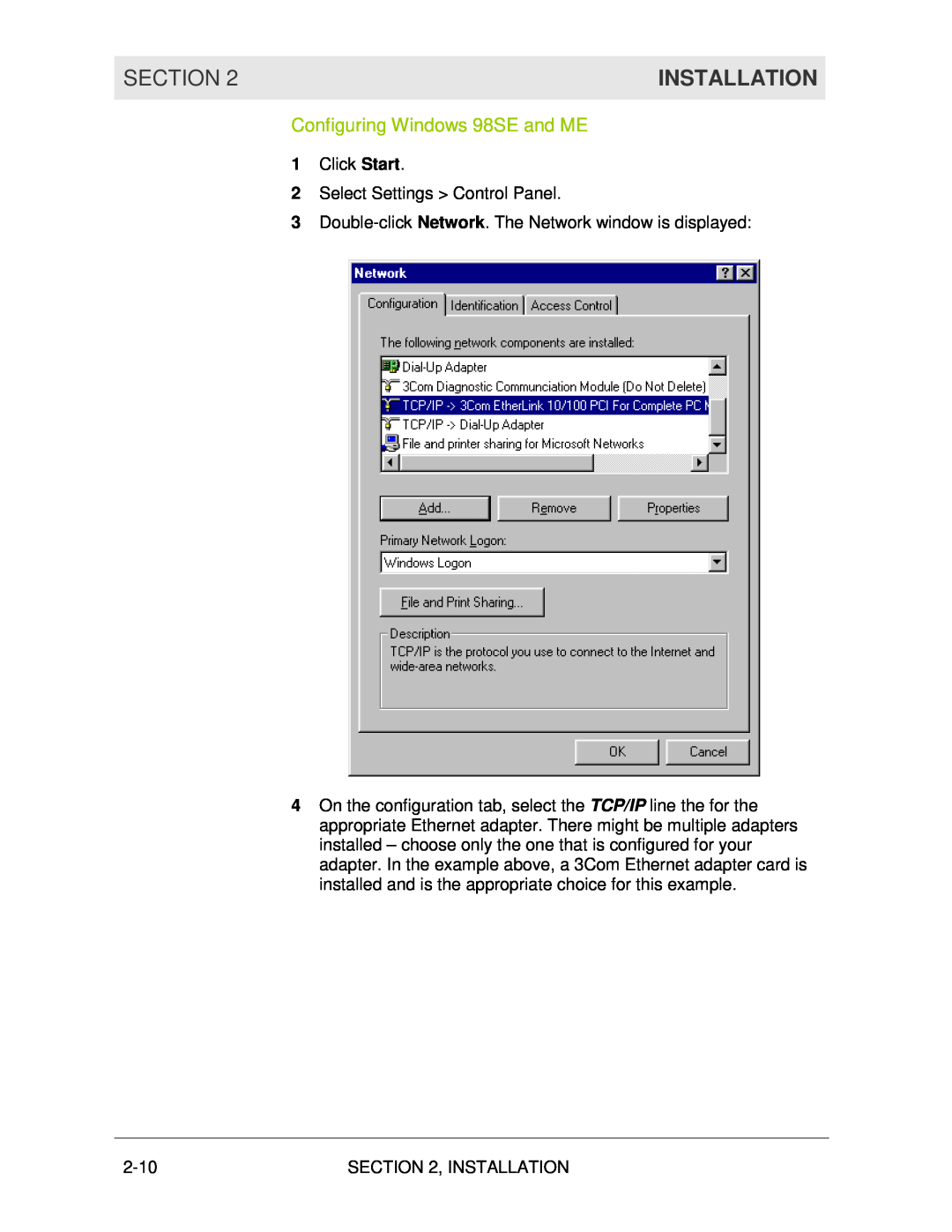 Motorola WR850G manual Configuring Windows 98SE and ME, Section, Installation 