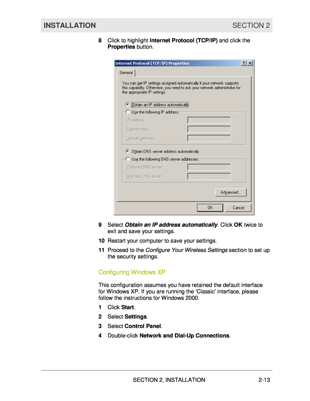 Motorola WR850G manual Configuring Windows XP, Installation, Section 