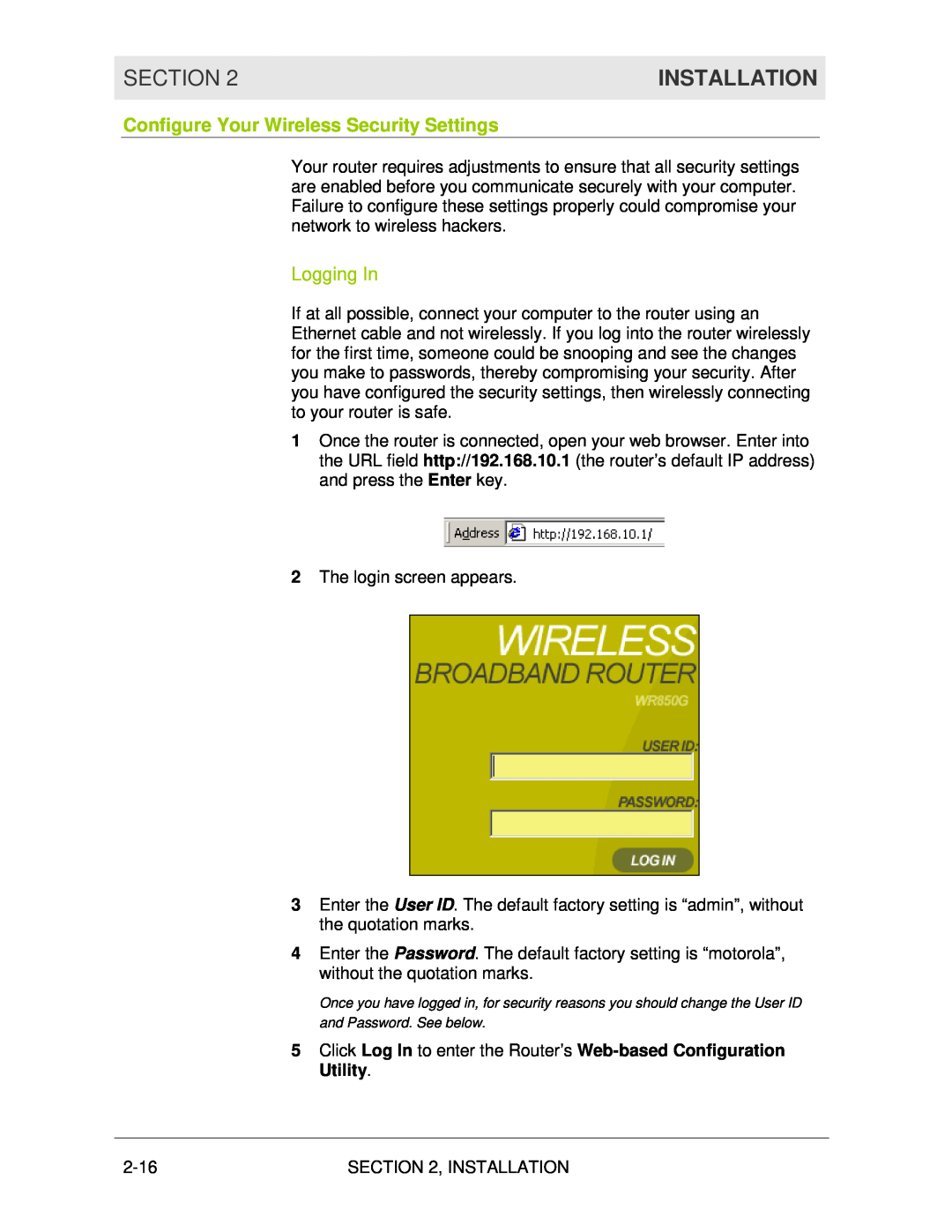 Motorola WR850G manual Configure Your Wireless Security Settings, Logging In, Section, Installation 