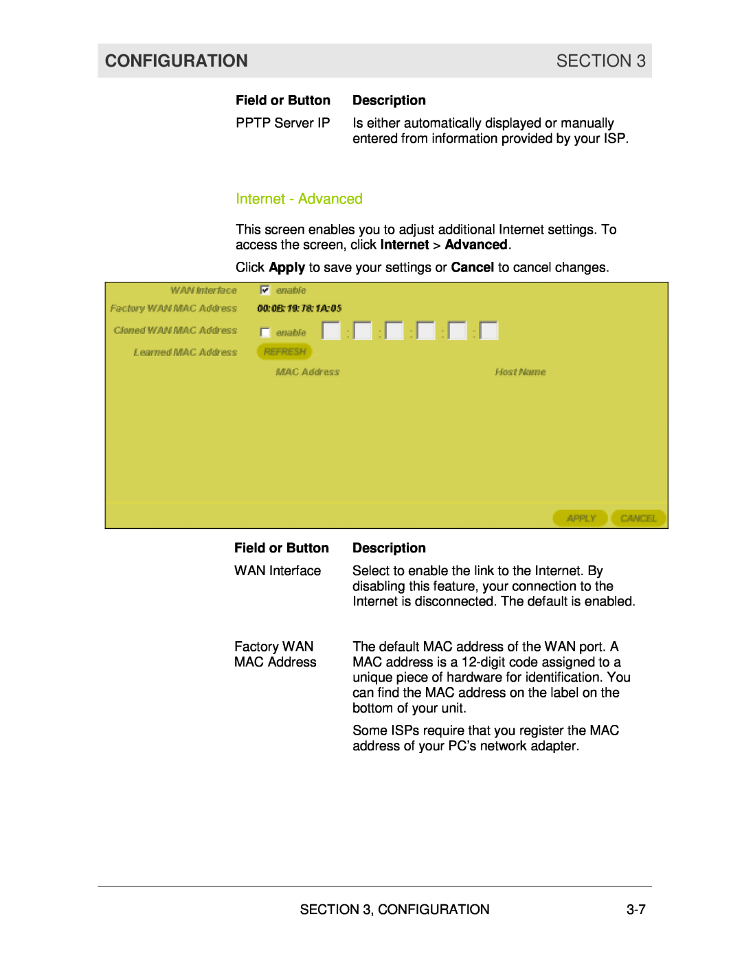 Motorola WR850G manual Internet - Advanced, Configuration, Section, Field or Button, Description 