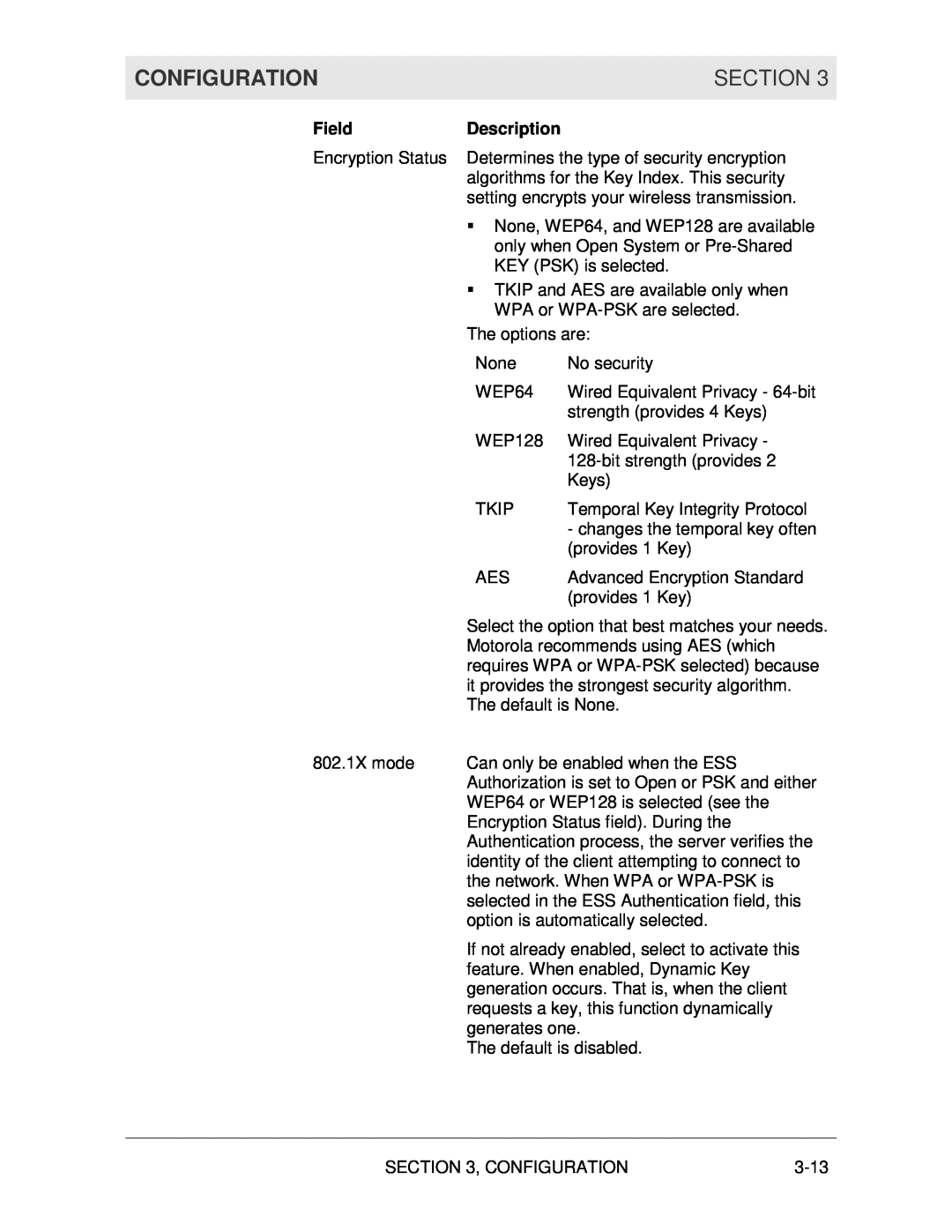 Motorola WR850G manual Configuration, Section, Field, Description 