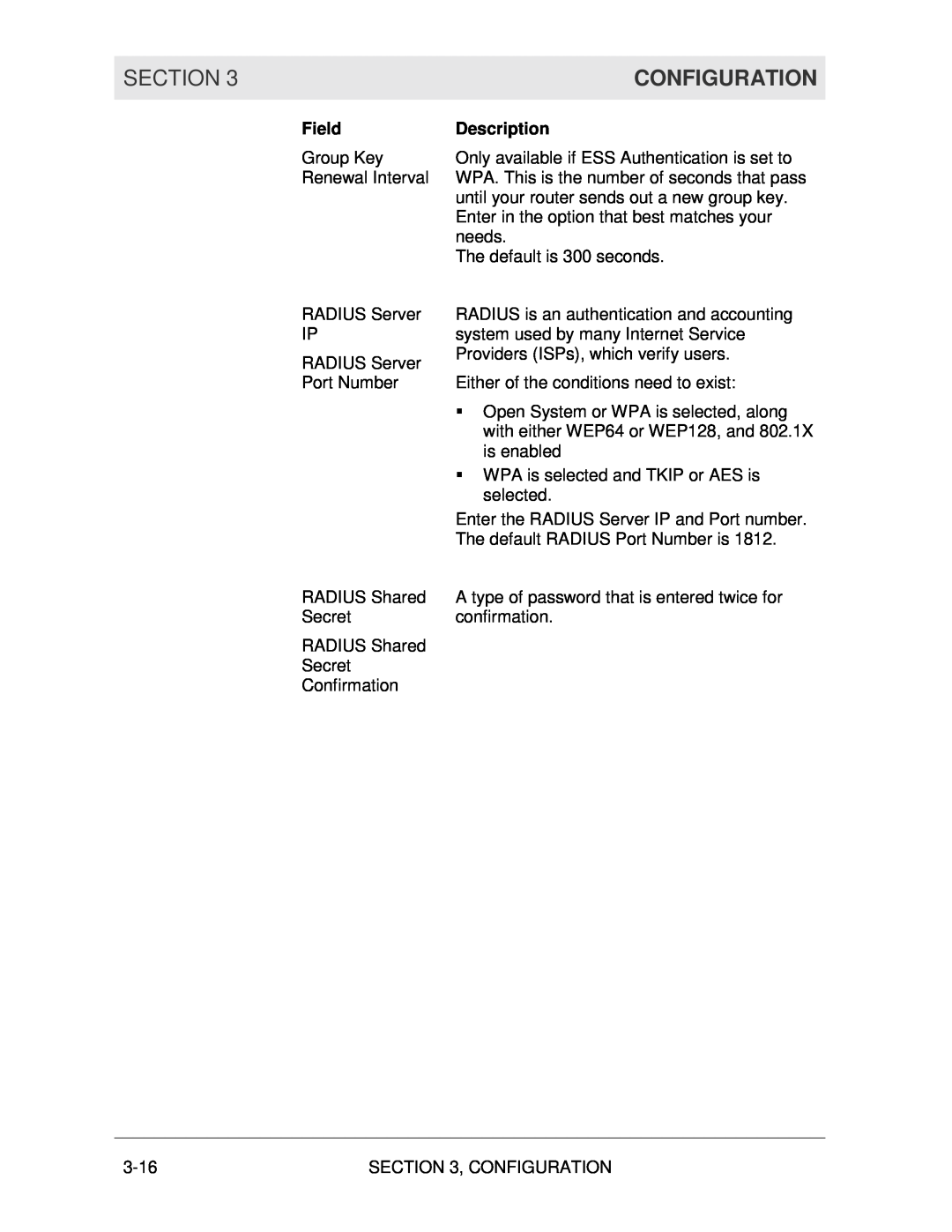 Motorola WR850G manual Section, Configuration, Field, Description 