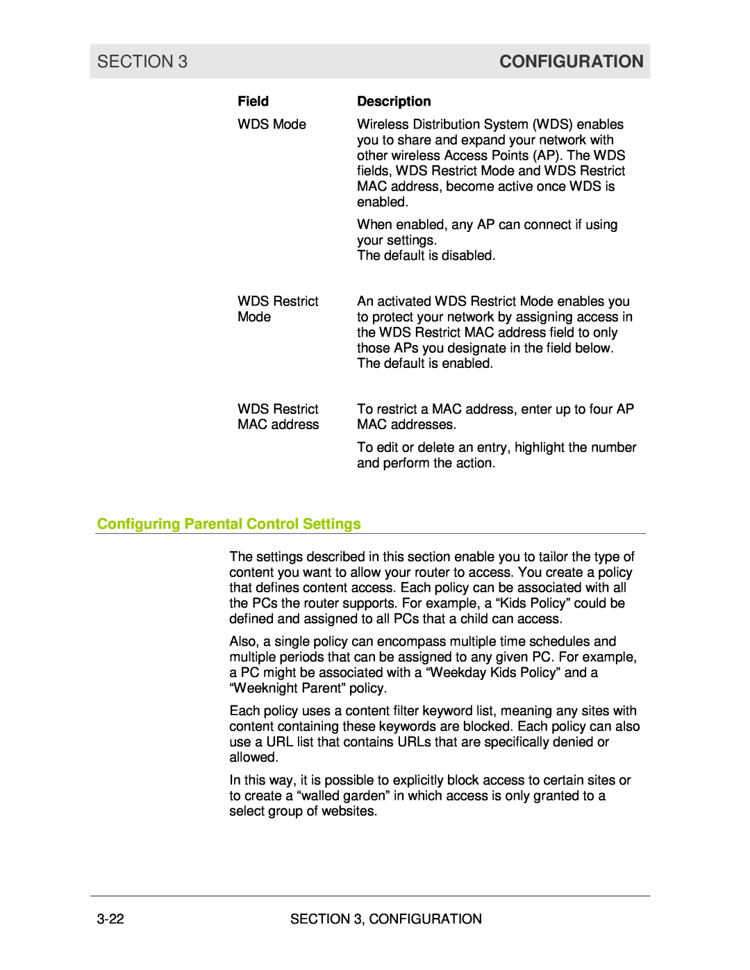 Motorola WR850G manual Configuring Parental Control Settings, Section, Configuration, Field, Description 