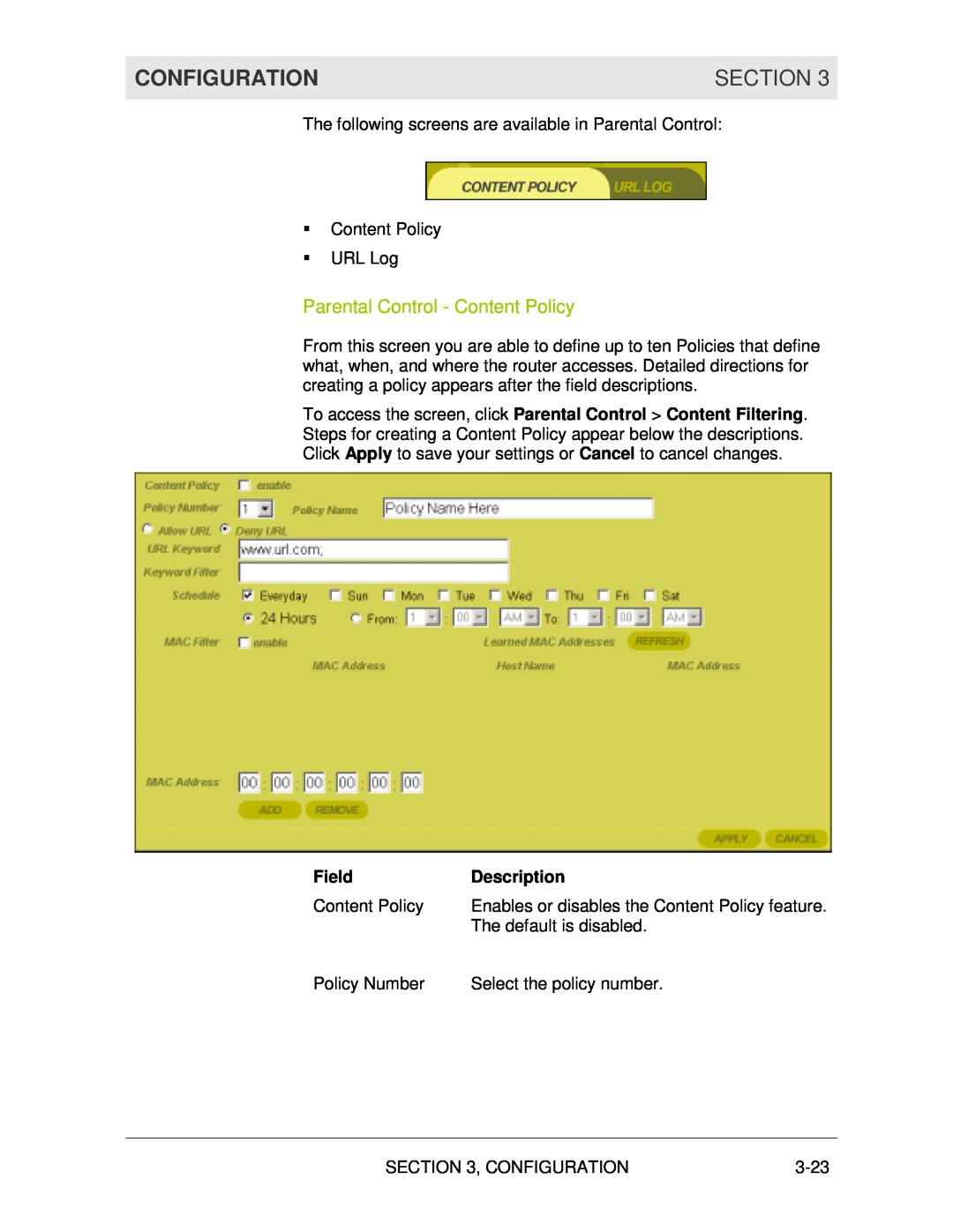 Motorola WR850G manual Parental Control - Content Policy, Configuration, Section, Field, Description 