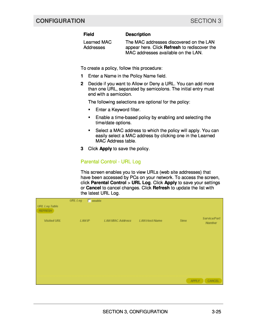 Motorola WR850G manual Parental Control - URL Log, Configuration, Section, Field, Description 