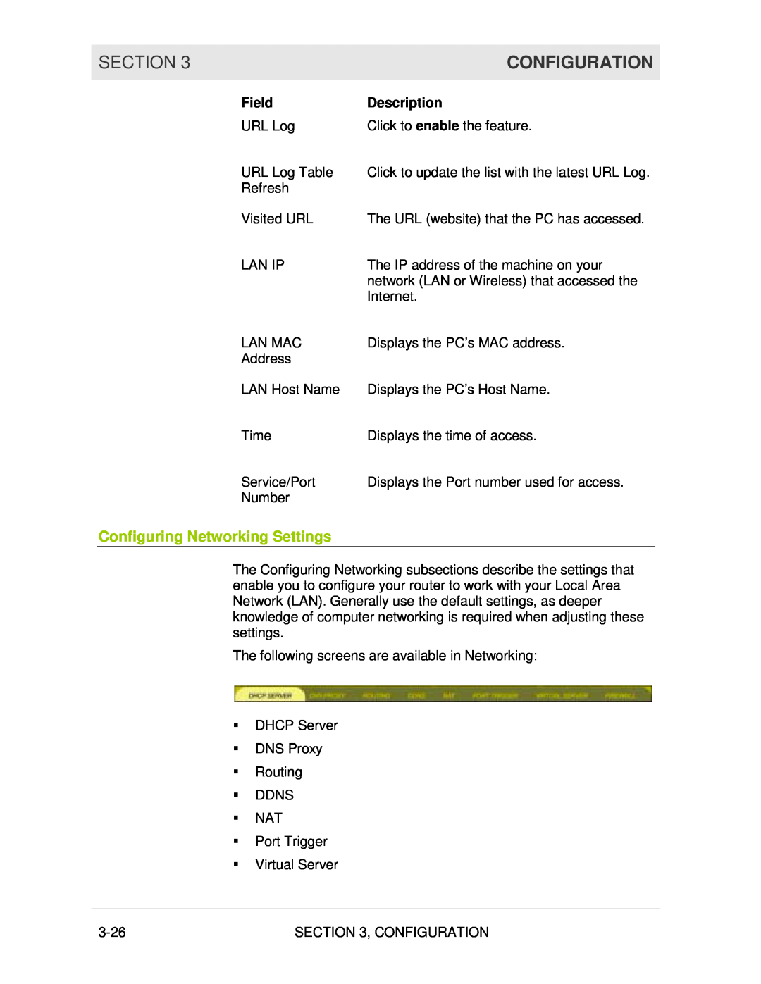 Motorola WR850G manual Configuring Networking Settings, Section, Configuration, Field, Description 