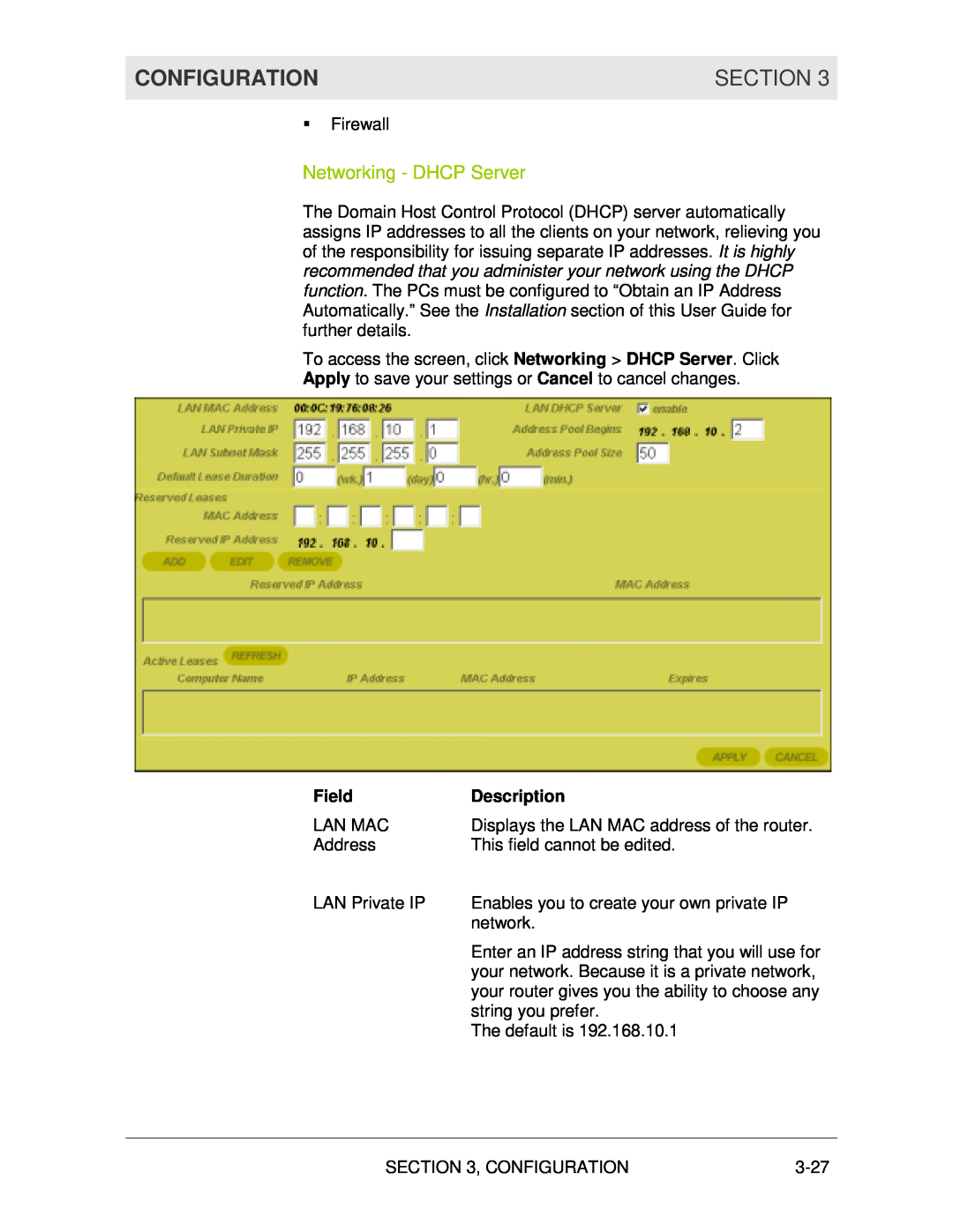 Motorola WR850G manual Networking - DHCP Server, Configuration, Section, Field, Description 