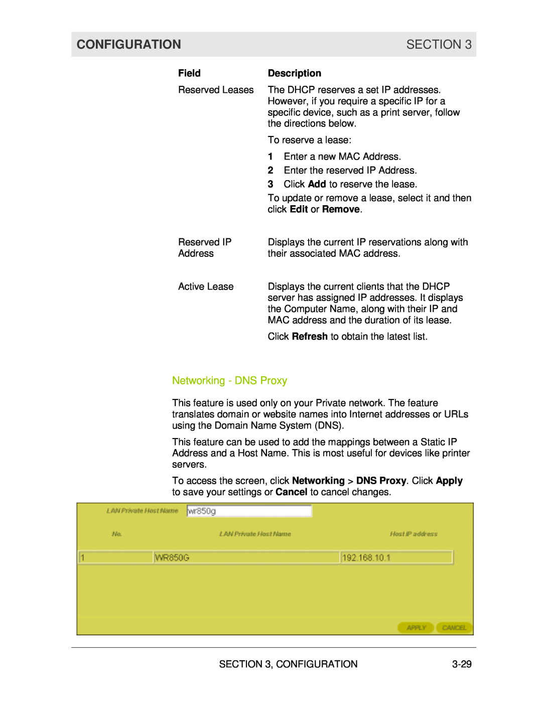 Motorola WR850G manual Networking - DNS Proxy, click Edit or Remove, Configuration, Section, Field, Description 