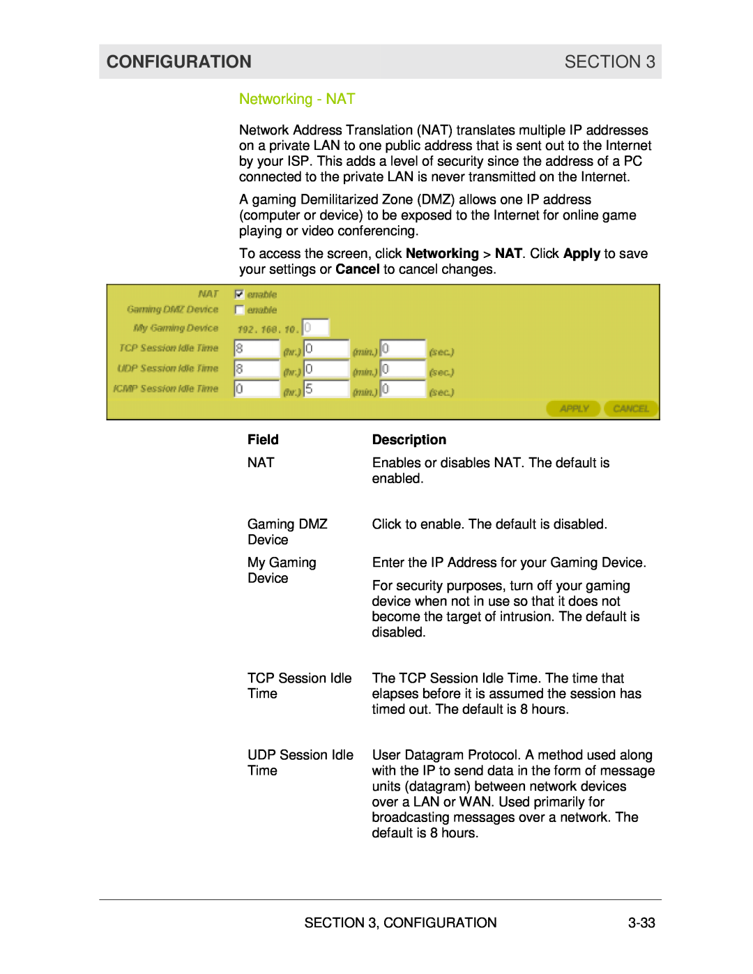Motorola WR850G manual Networking - NAT, Configuration, Section, Field, Description 