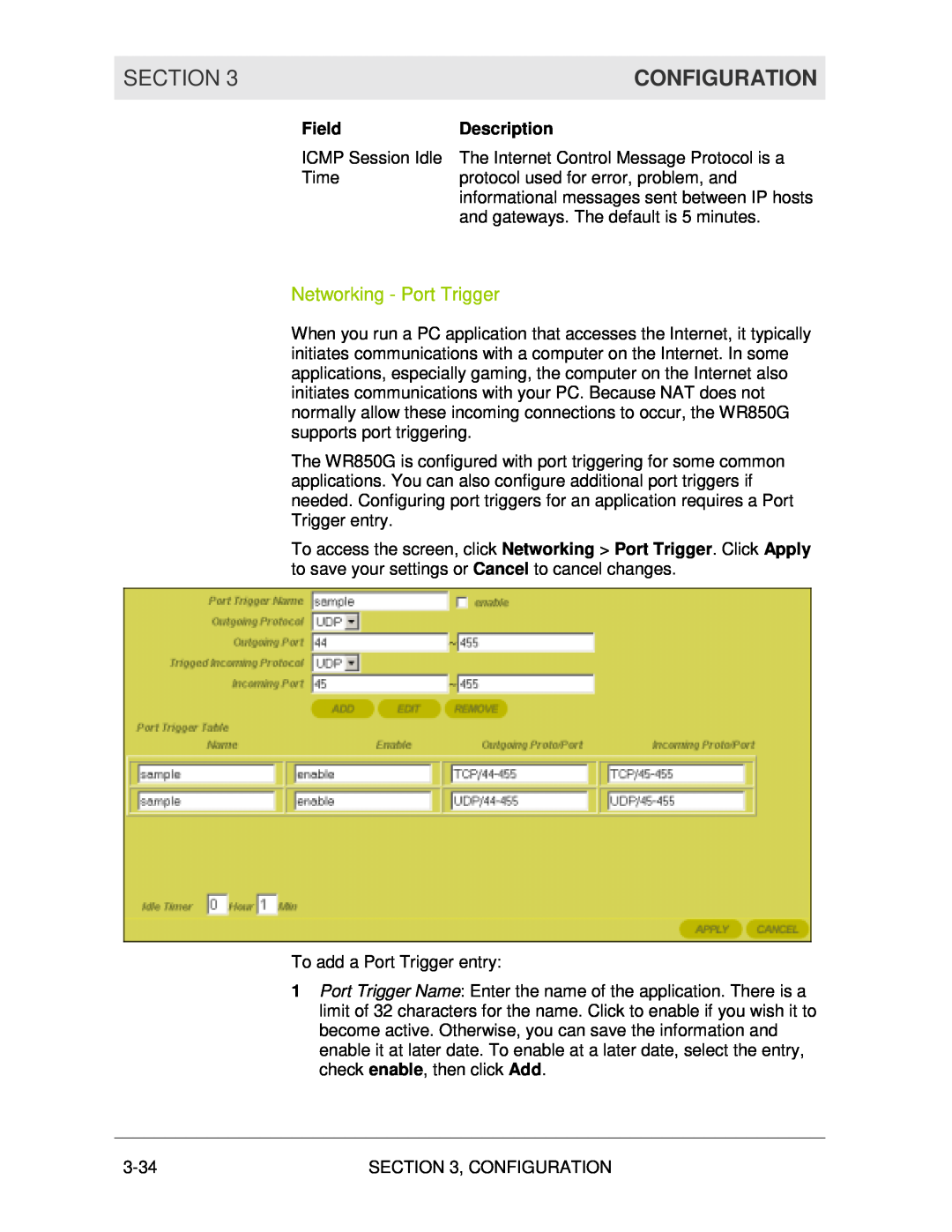 Motorola WR850G manual Networking - Port Trigger, Section, Configuration, Field, Description 