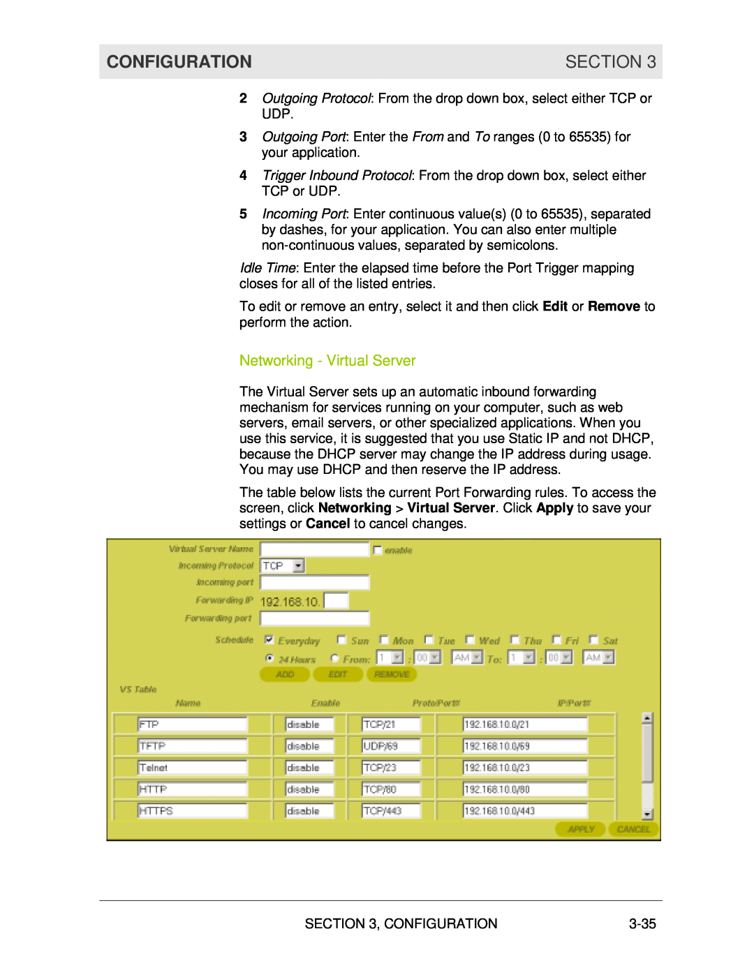 Motorola WR850G manual Networking - Virtual Server, Configuration, Section 