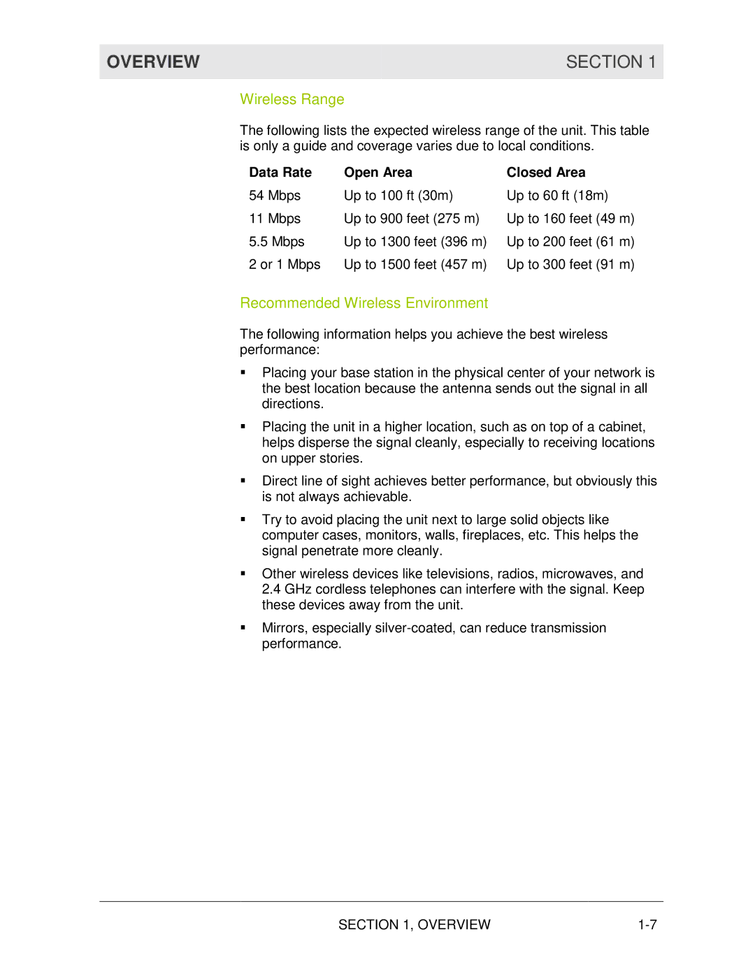 Motorola WR850G manual Wireless Range, Recommended Wireless Environment, Data Rate Open Area, Closed Area 