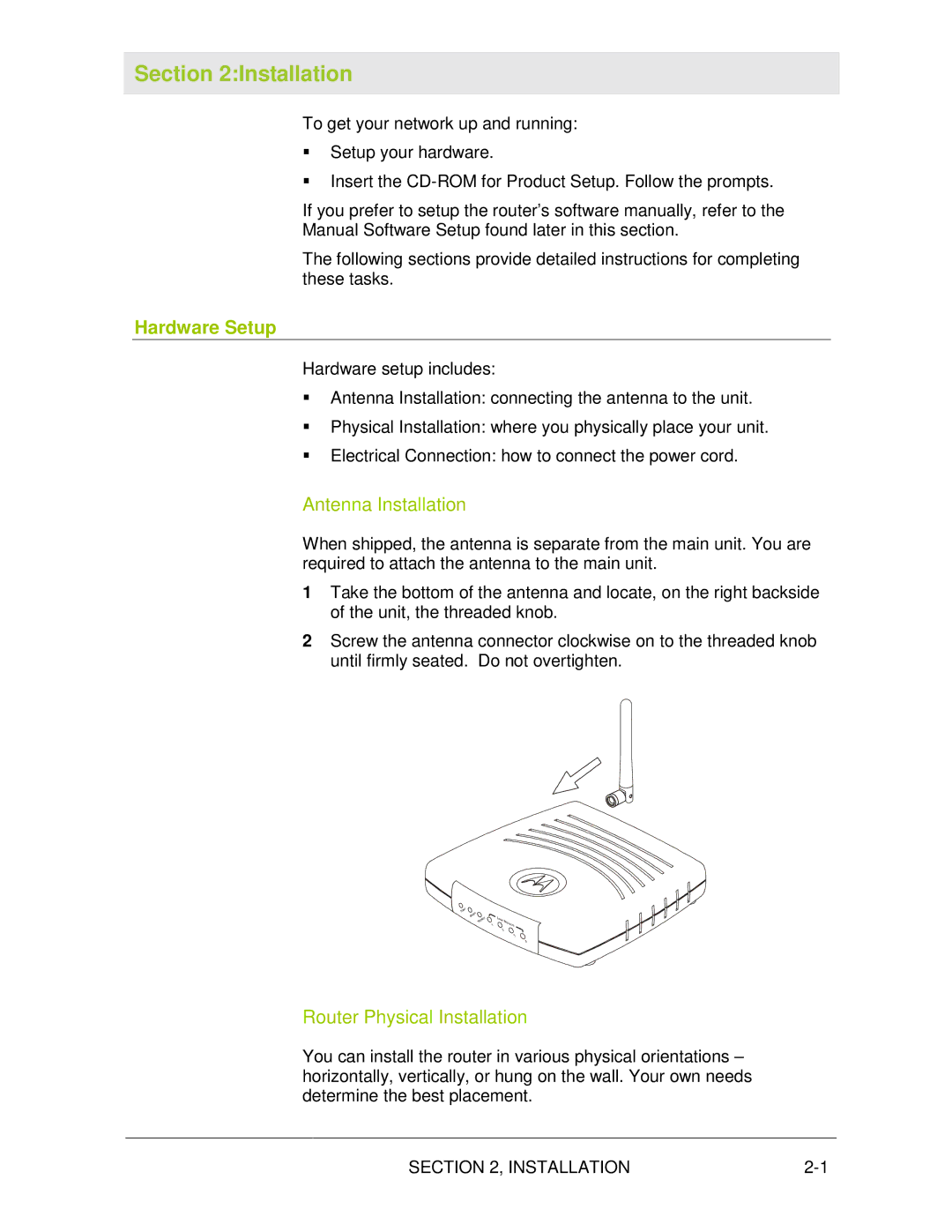 Motorola WR850G manual Hardware Setup, Antenna Installation, Router Physical Installation 