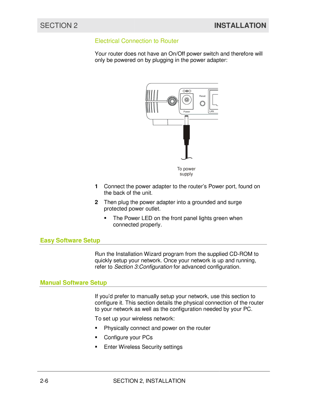 Motorola WR850G manual Electrical Connection to Router, Easy Software Setup, Manual Software Setup 