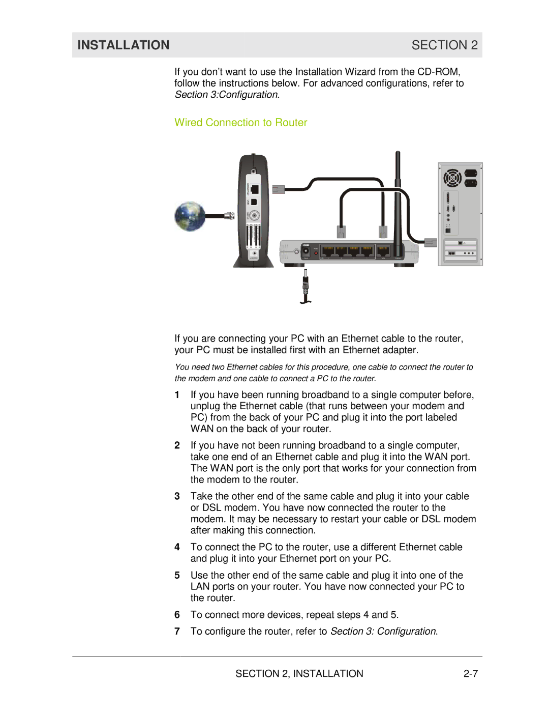 Motorola WR850G manual Wired Connection to Router, Ethernet USB Cable 