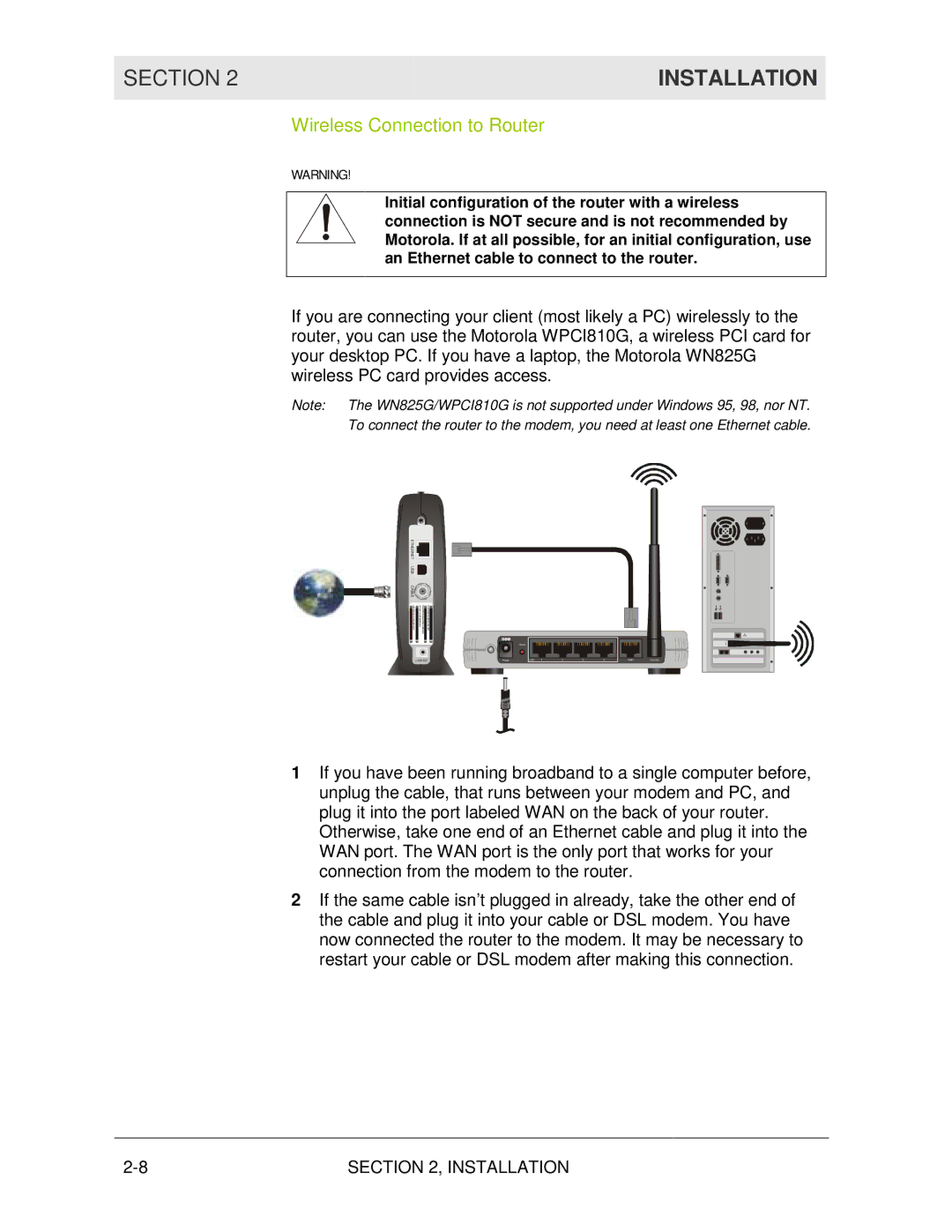 Motorola WR850G manual Wireless Connection to Router, Ethernet USB 