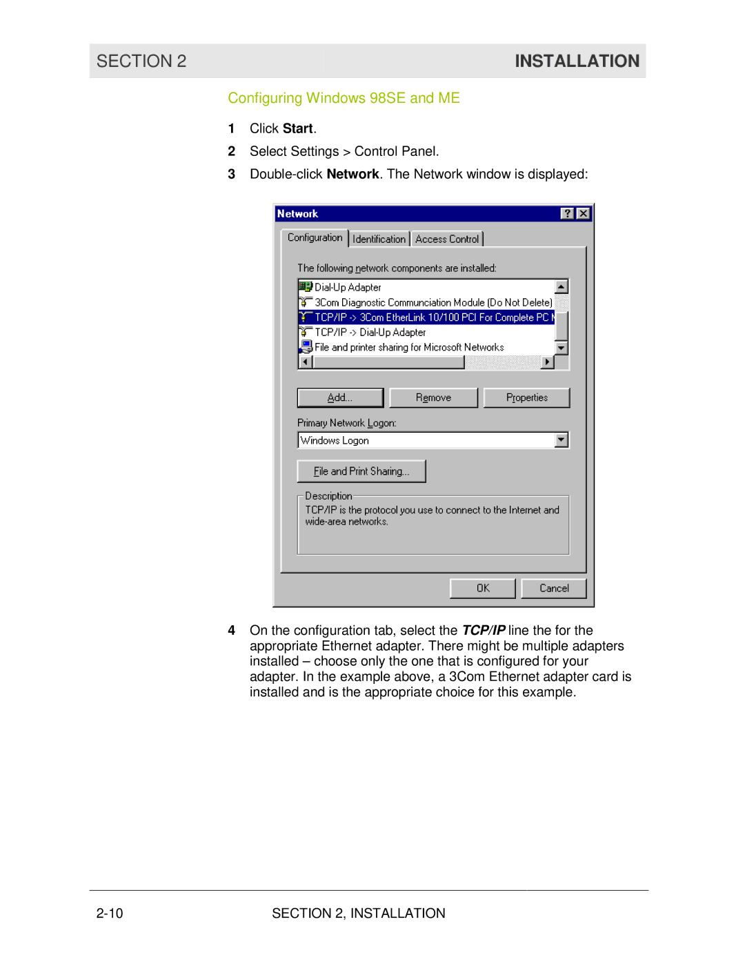 Motorola WR850G manual Configuring Windows 98SE and ME 