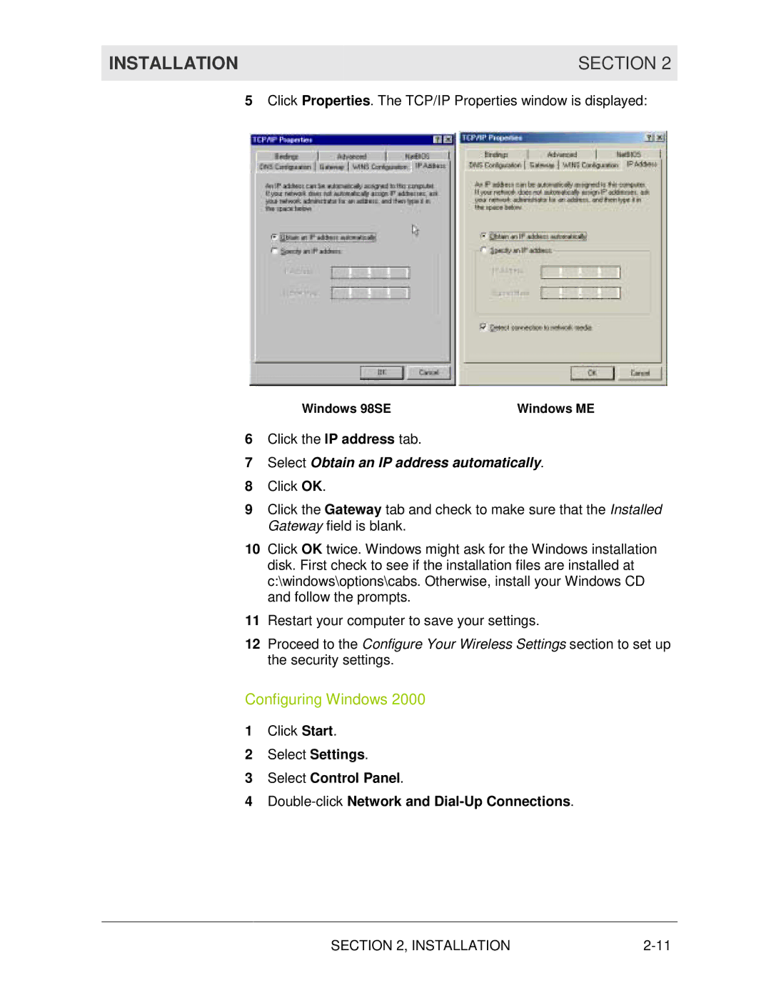 Motorola WR850G manual Configuring Windows, Select Obtain an IP address automatically 