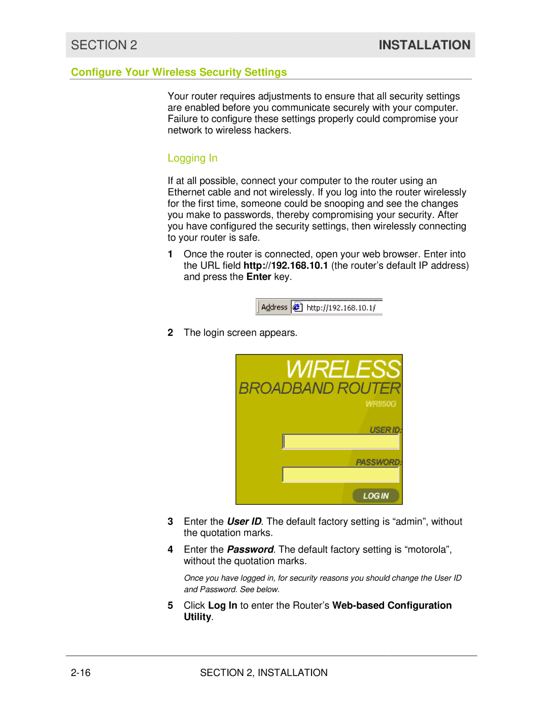 Motorola WR850G manual Configure Your Wireless Security Settings, Logging 