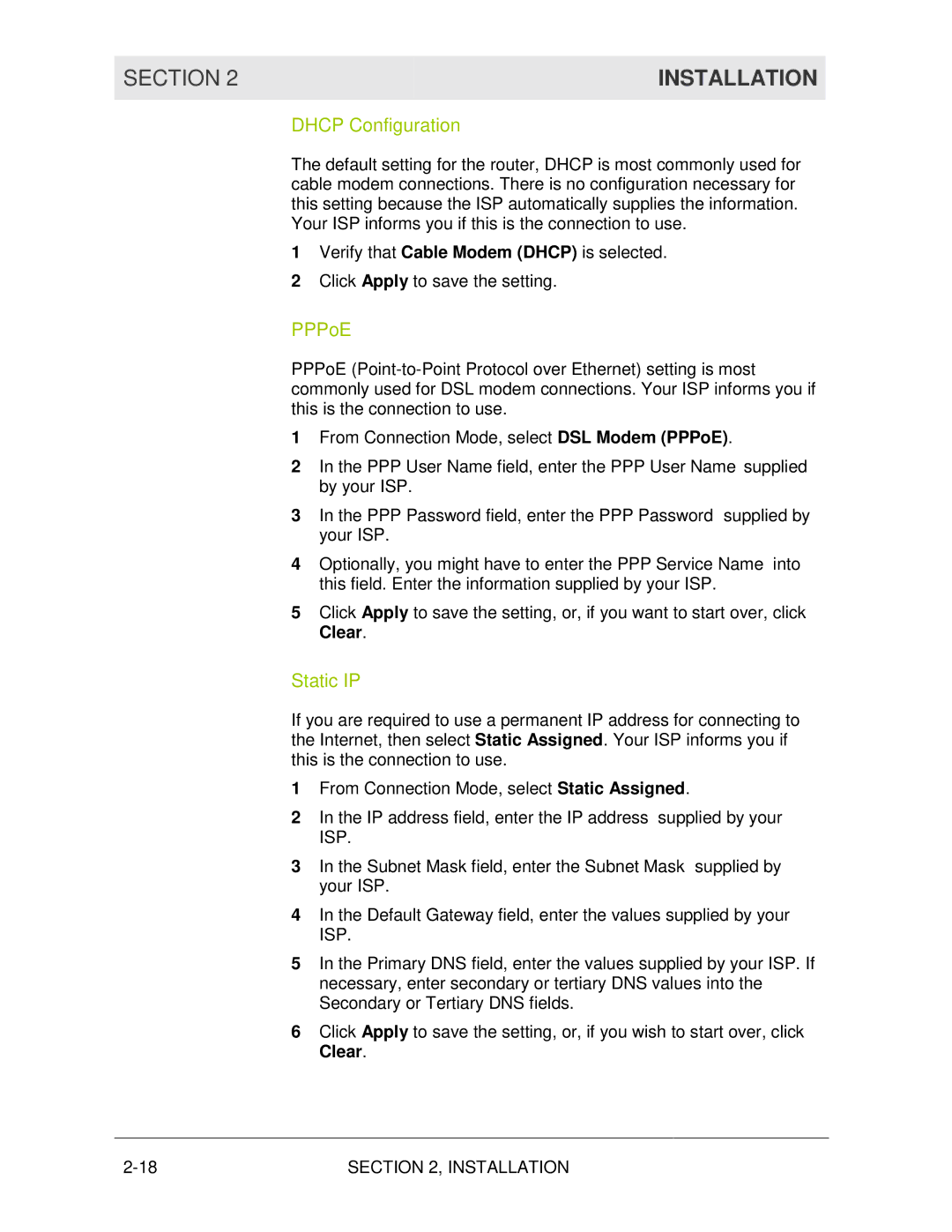 Motorola WR850G manual Dhcp Configuration, PPPoE, Static IP 