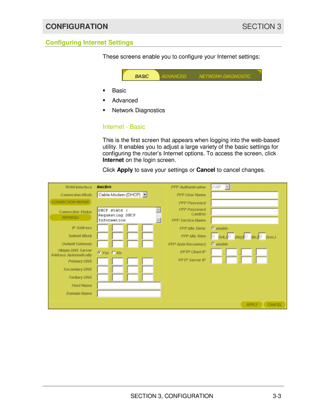 Motorola WR850G manual Configuration Section, Configuring Internet Settings, Internet Basic 