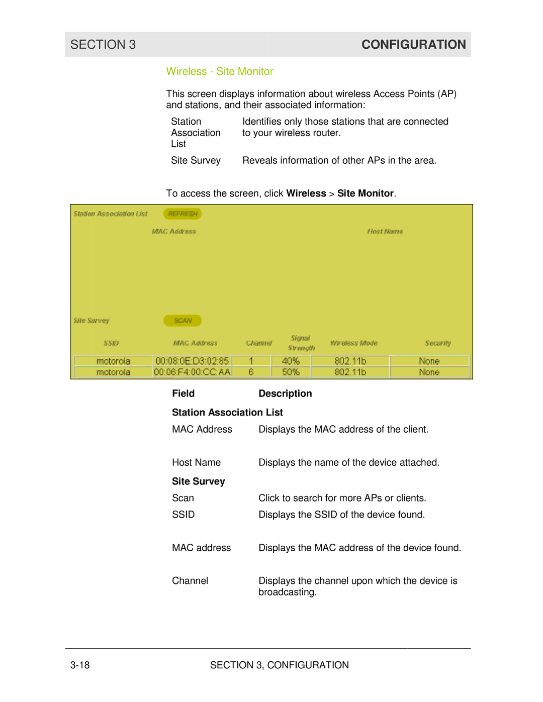 Motorola WR850G manual Wireless Site Monitor, Field Description Station Association List, Site Survey 