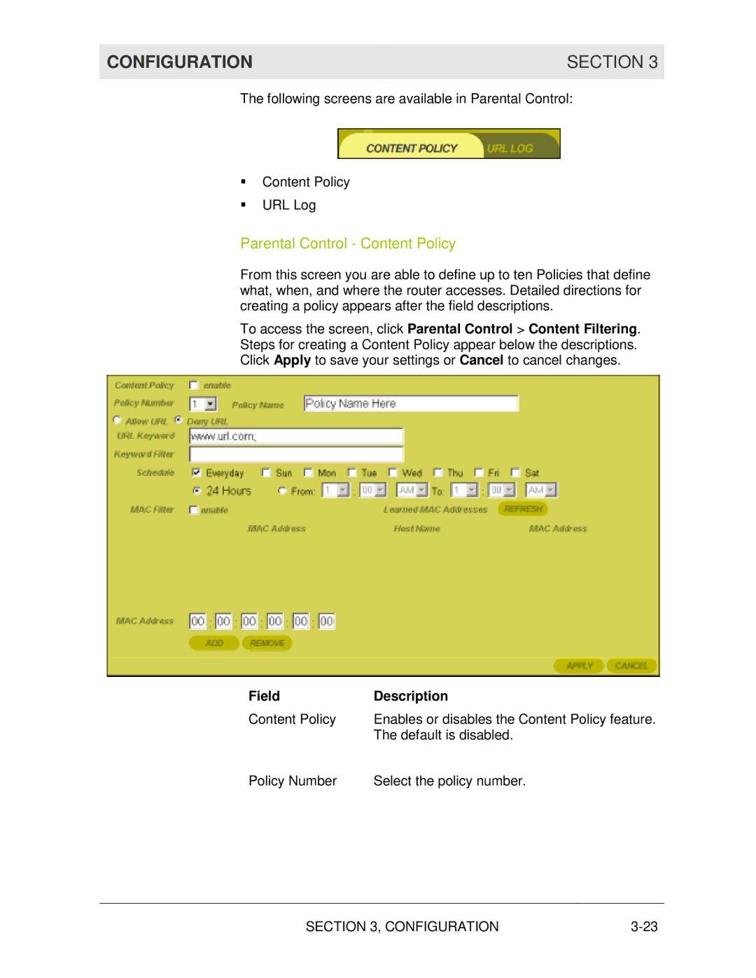 Motorola WR850G manual Configuration Section, Parental Control Content Policy 