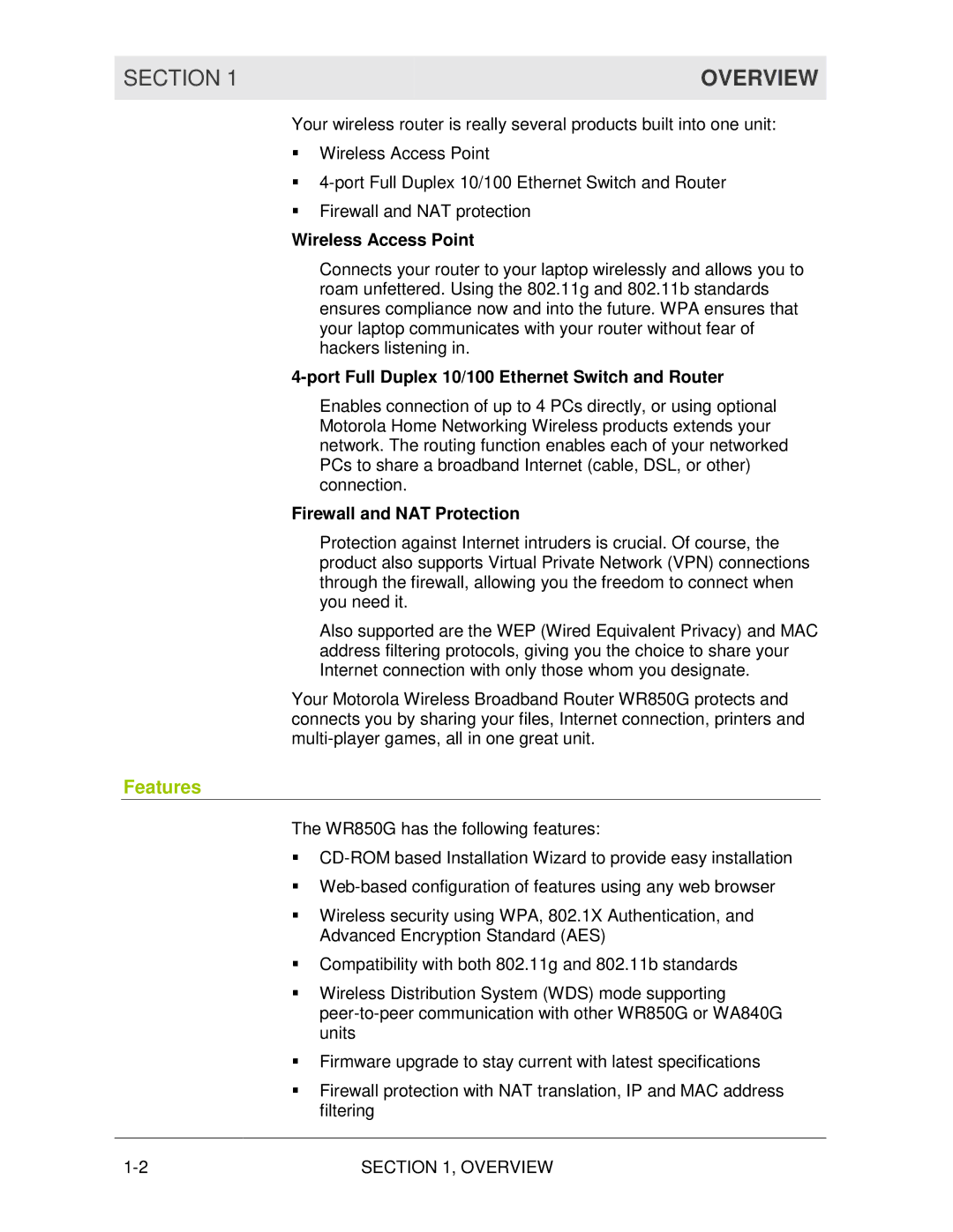 Motorola WR850G manual Overview, Features, Wireless Access Point, Port Full Duplex 10/100 Ethernet Switch and Router 