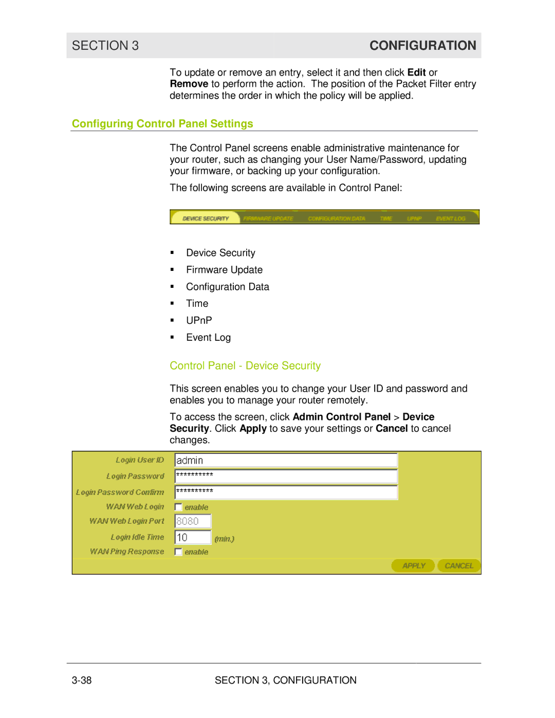 Motorola WR850G manual Configuring Control Panel Settings, Control Panel Device Security 