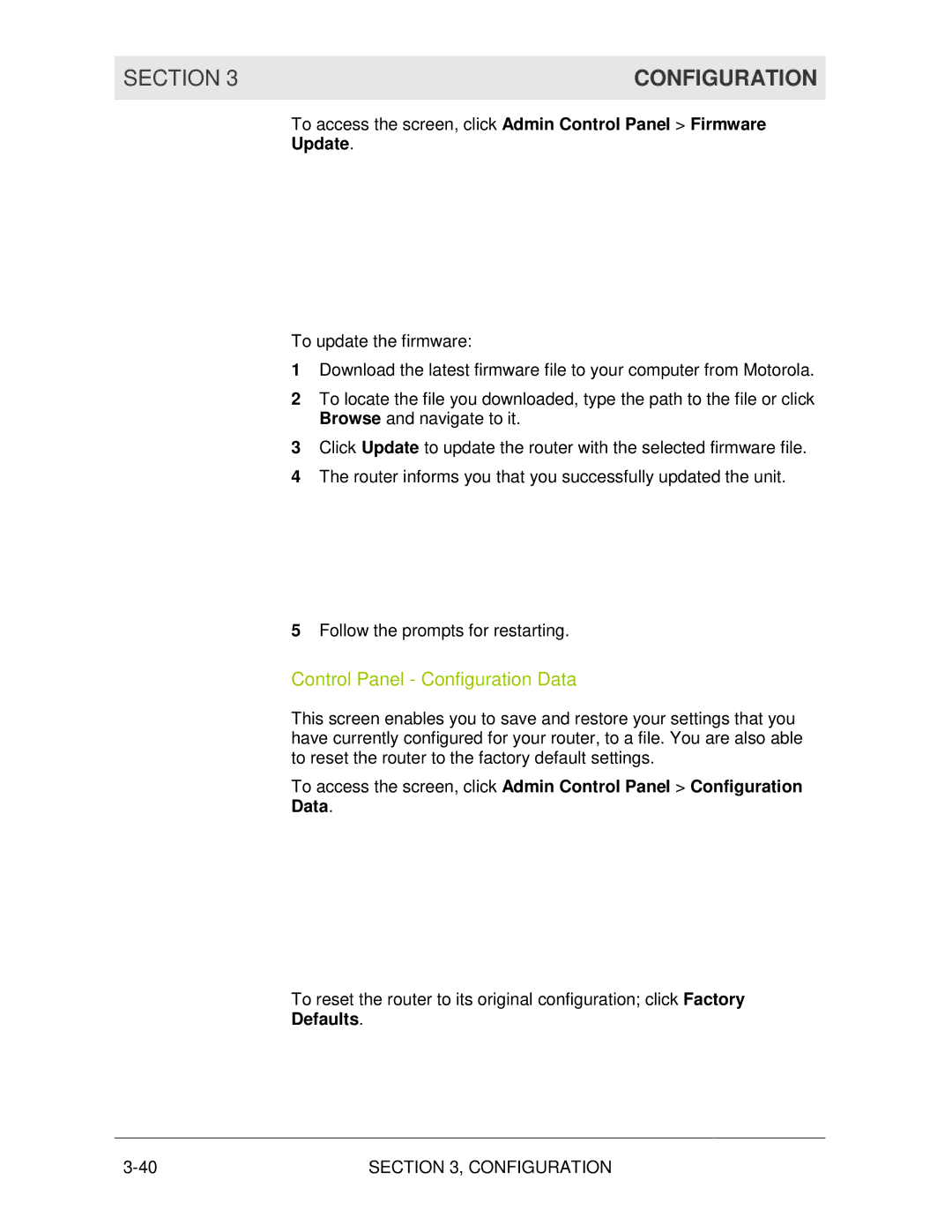 Motorola WR850G manual Control Panel Configuration Data, Update, Defaults 