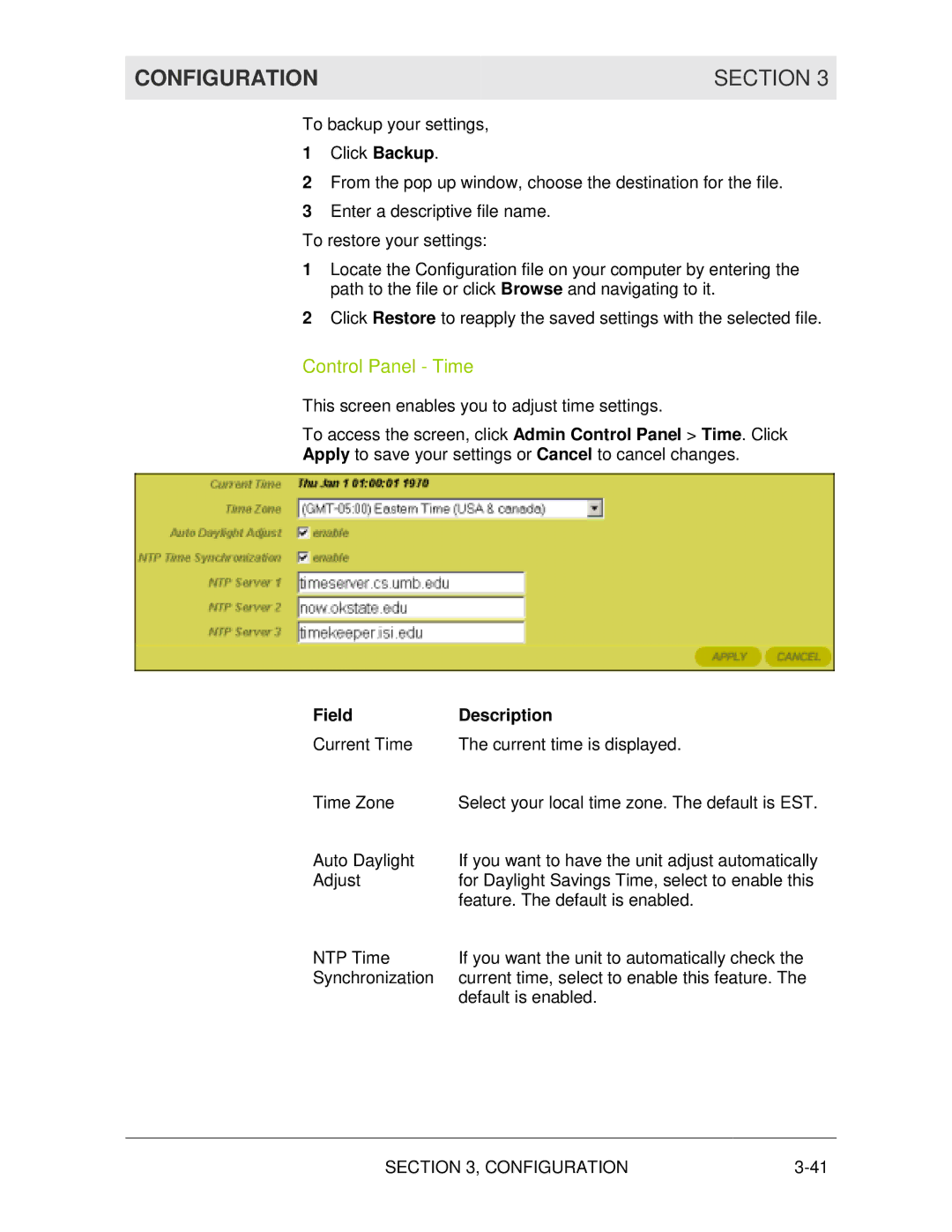 Motorola WR850G manual Configuration Section, Control Panel Time 