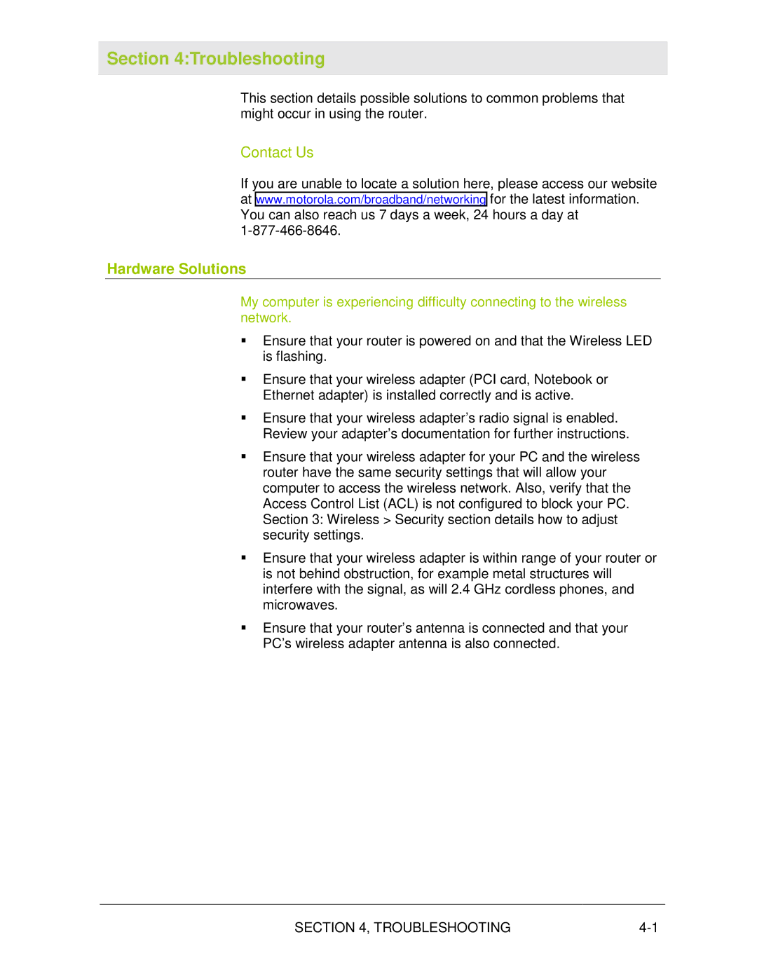 Motorola WR850G manual Contact Us, Hardware Solutions, Troubleshooting 