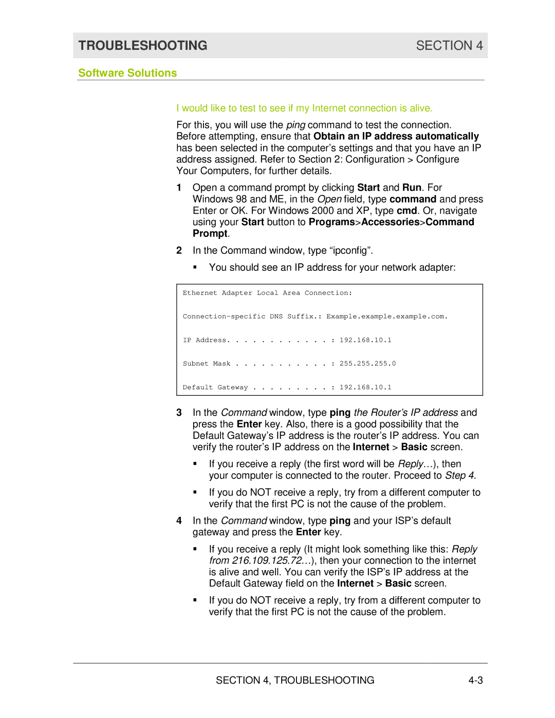 Motorola WR850G manual Troubleshooting Section, Software Solutions 