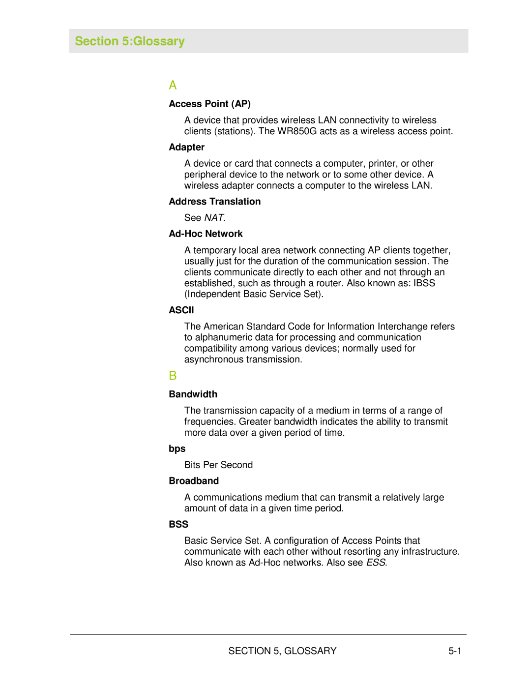 Motorola WR850G manual Ascii, Bss 