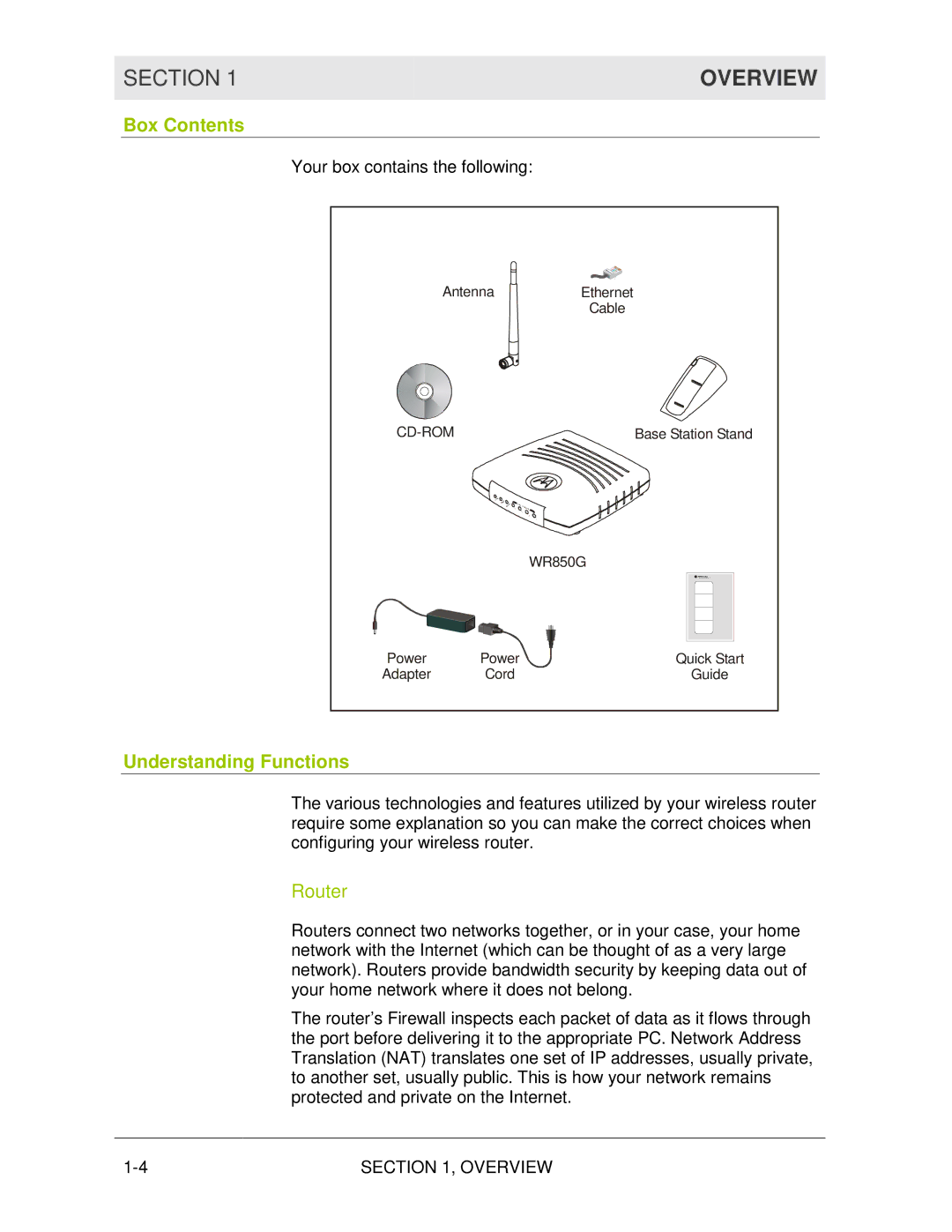 Motorola WR850G manual Box Contents, Understanding Functions 