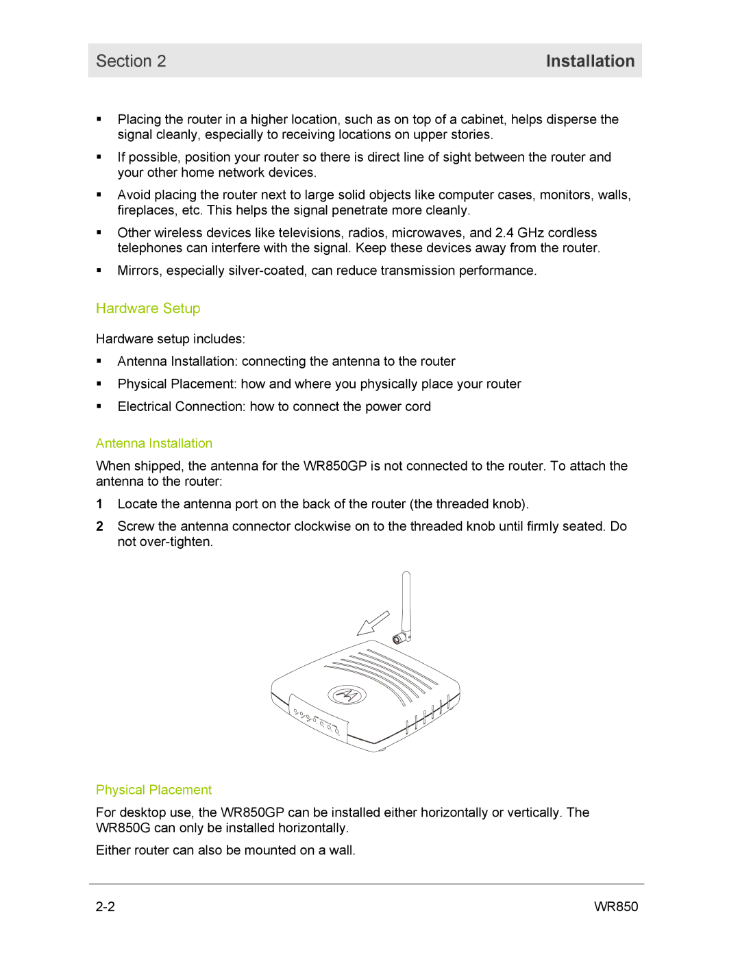 Motorola WR850GP manual Installation, Hardware Setup 