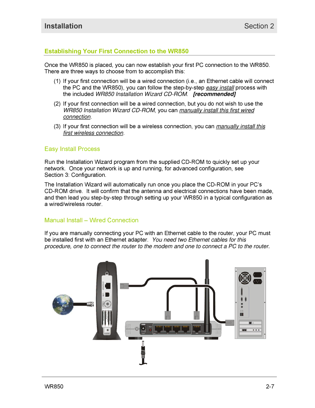 Motorola WR850GP Establishing Your First Connection to the WR850, Easy Install Process, Manual Install Wired Connection 