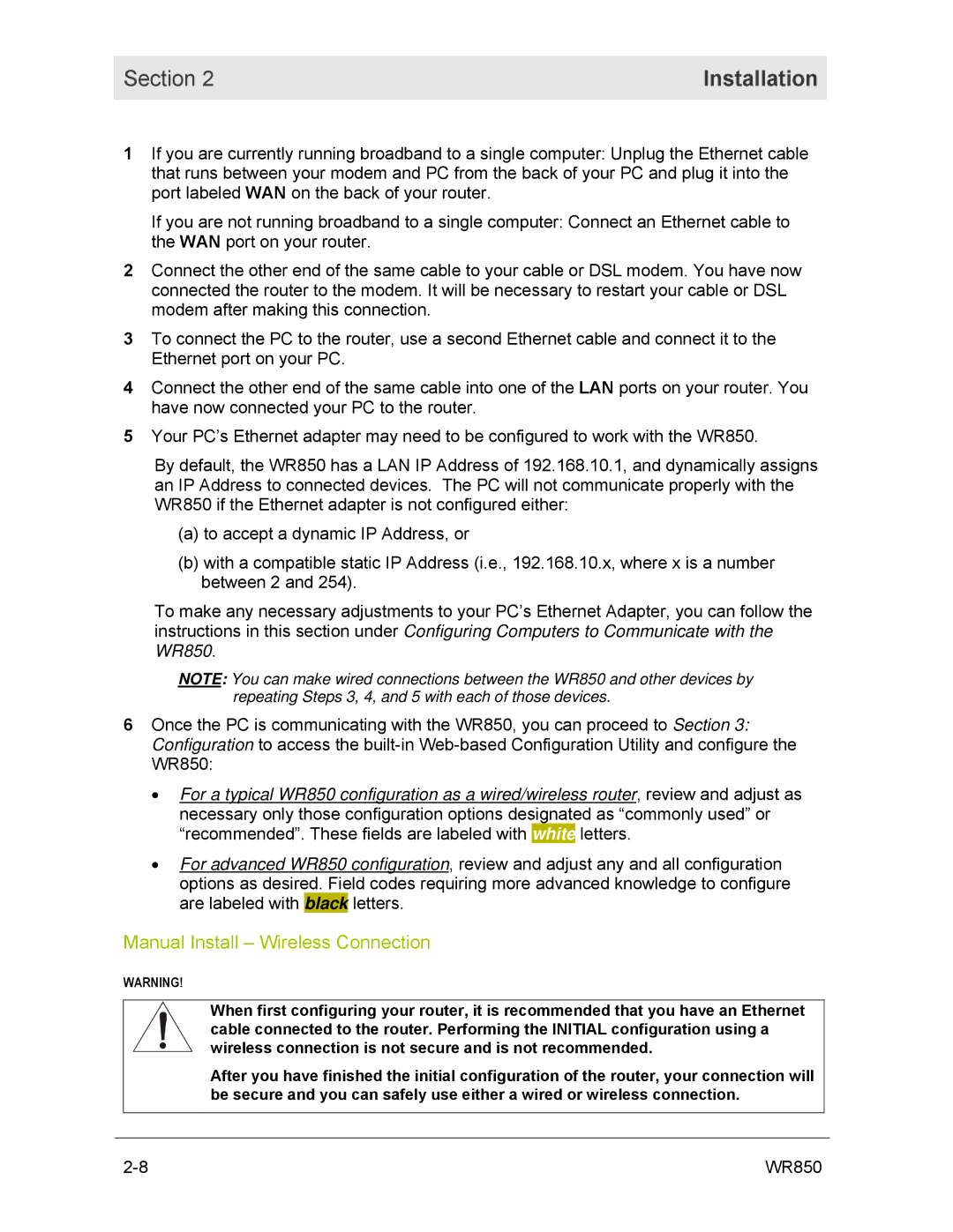 Motorola WR850GP manual Manual Install Wireless Connection 