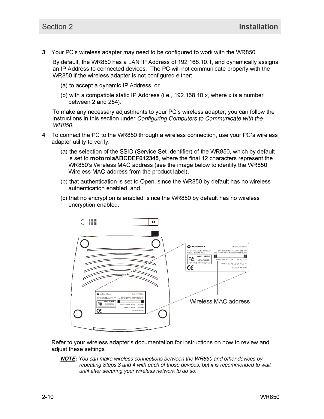 Motorola WR850GP manual Wireless MAC address 