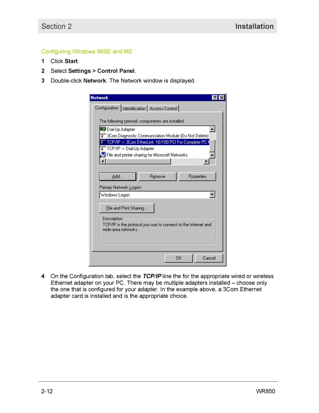 Motorola WR850GP manual Select Settings Control Panel 