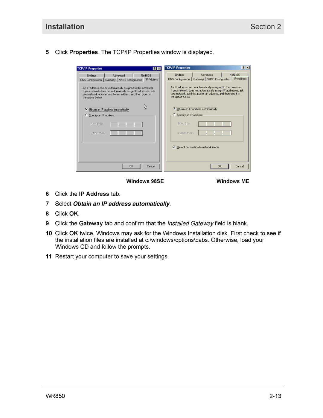 Motorola WR850GP manual Select Obtain an IP address automatically 