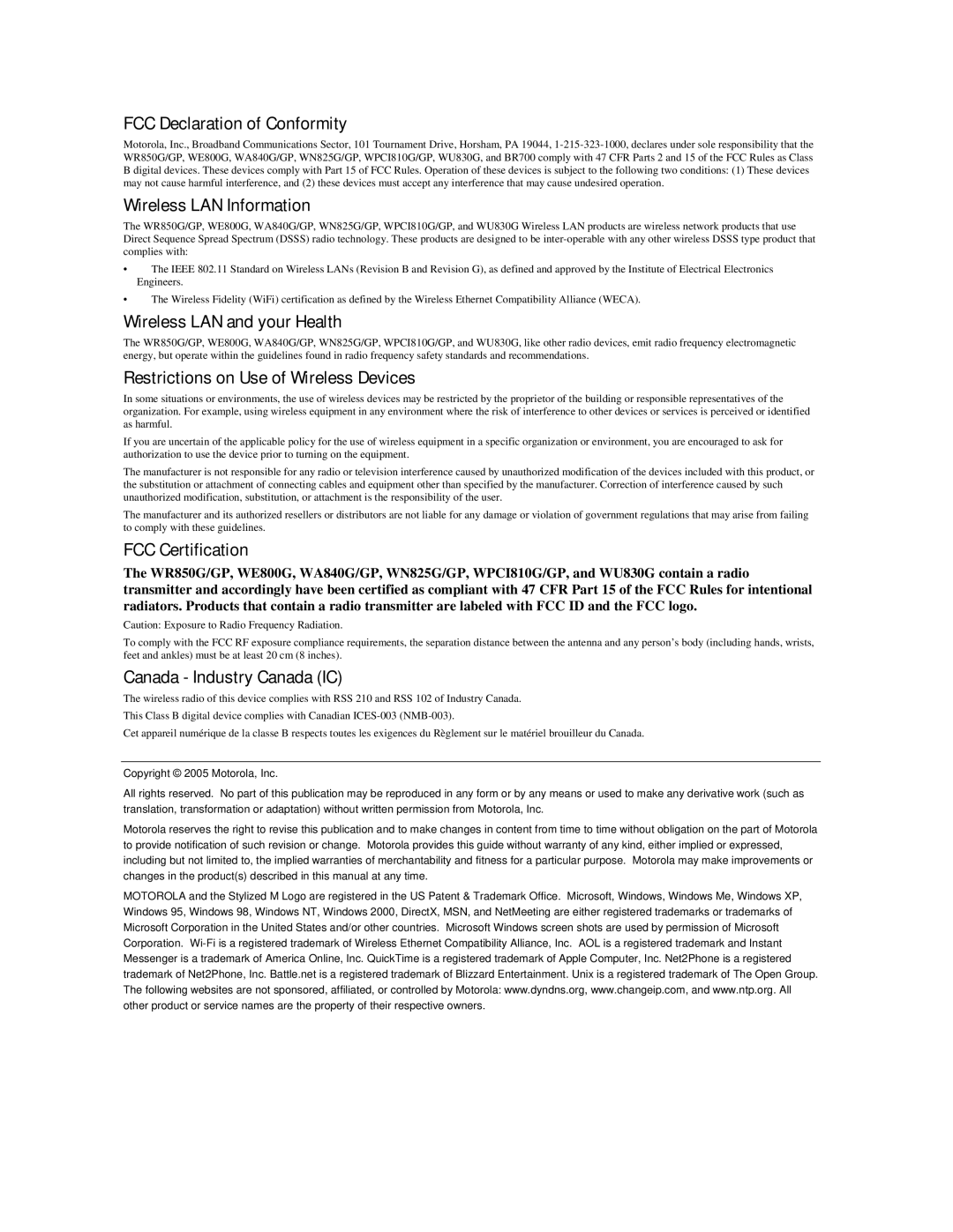 Motorola WR850GP manual FCC Declaration of Conformity 